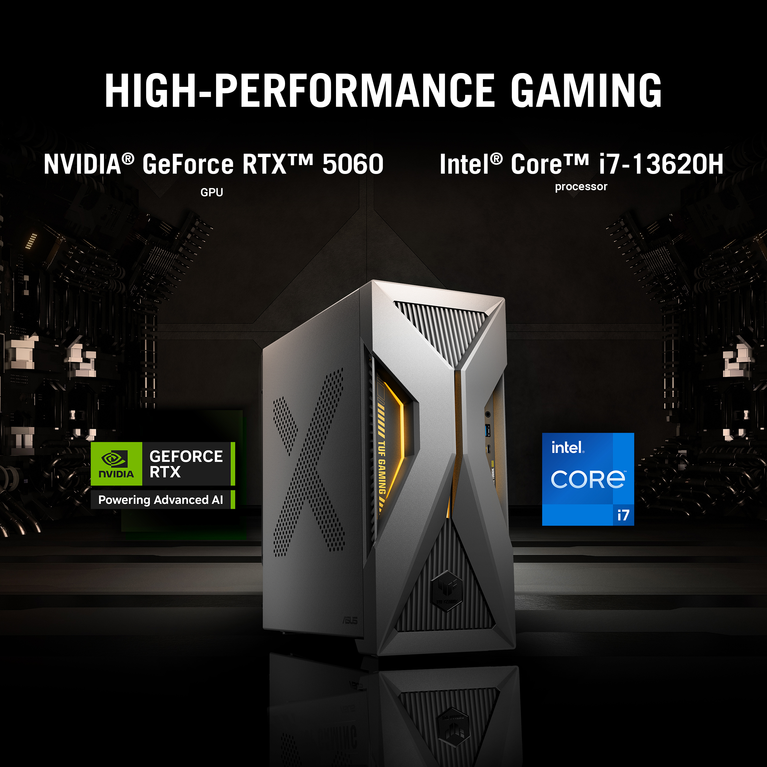 Gaming PC with RTX 5060 and Intel i7-13620H in a futuristic setting.