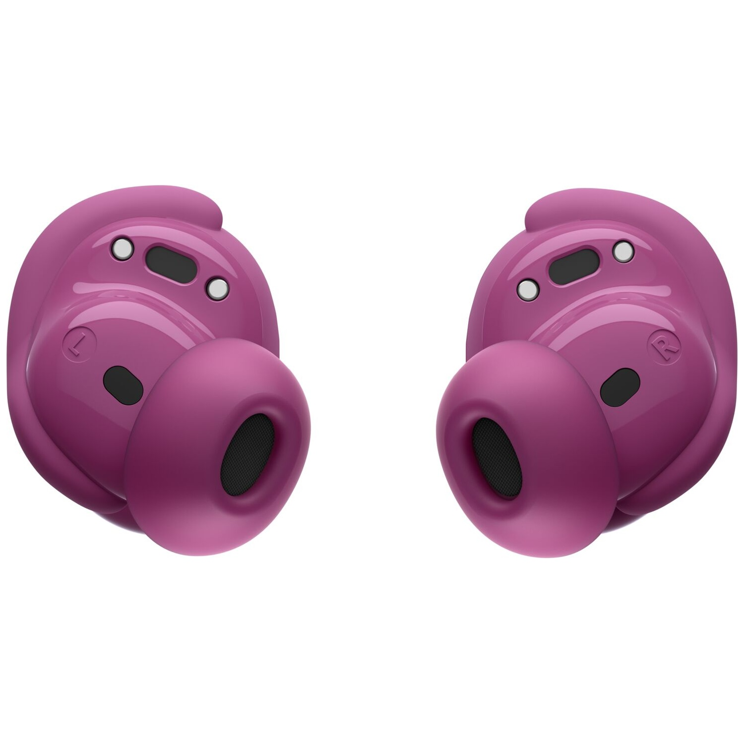 Twee glanzende, paarse in-ear koptelefoons met ergonomische oordopjes tegen een witte achtergrond.