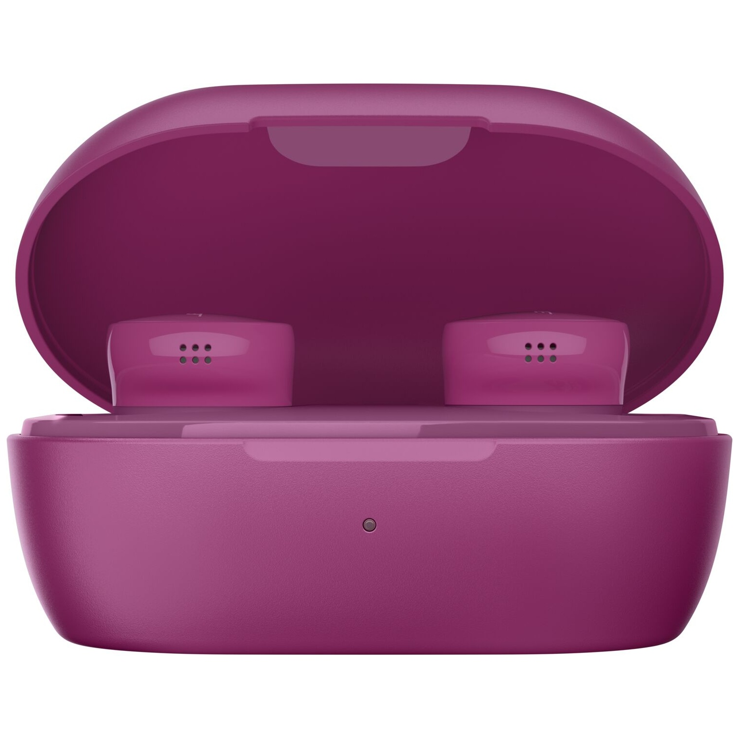 Een open roze oplaadcase met twee draadloze oordopjes erin tegen een witte achtergrond.
