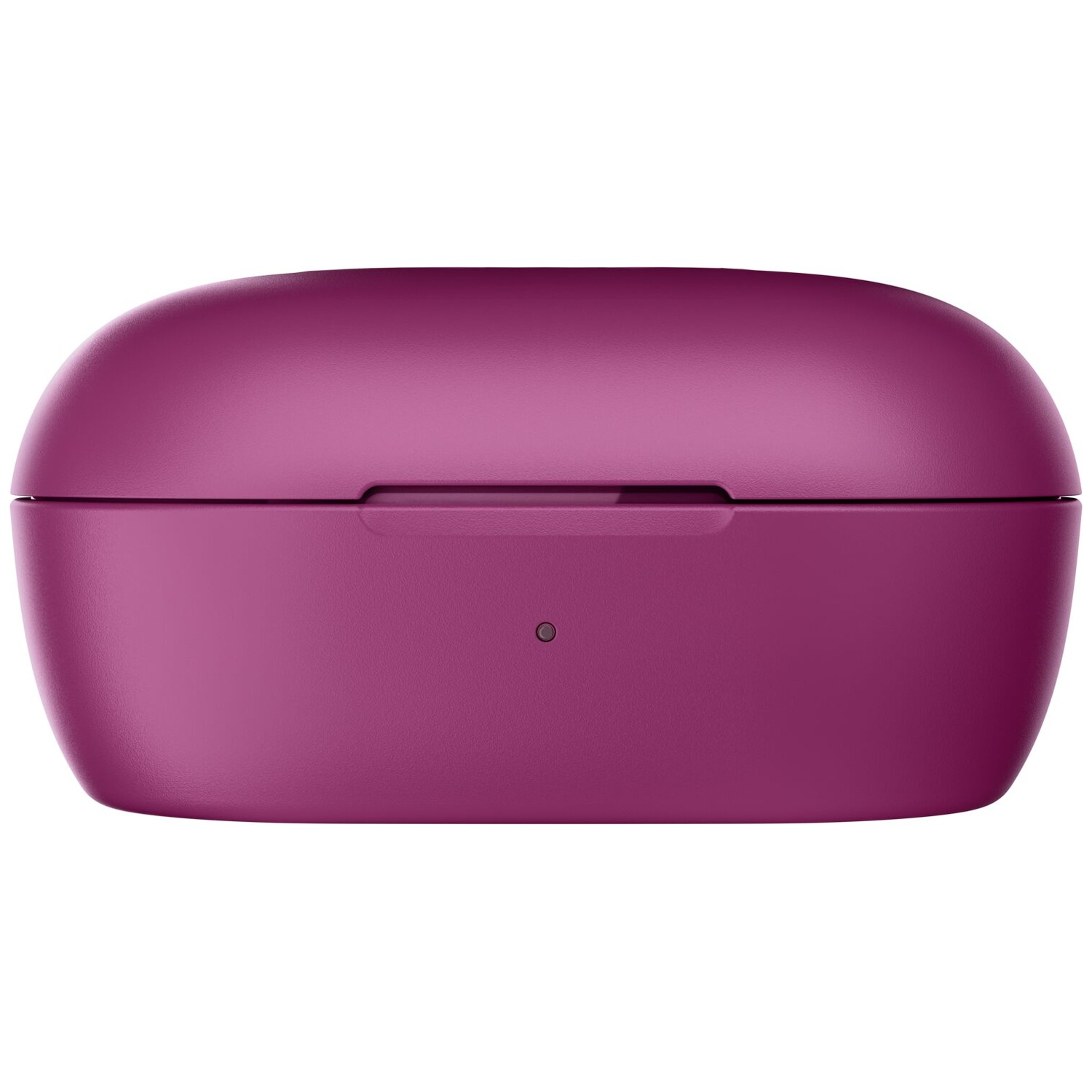 Een gesloten, magentakleurige oplaadcase voor draadloze oordopjes met een klein LED-lampje.
