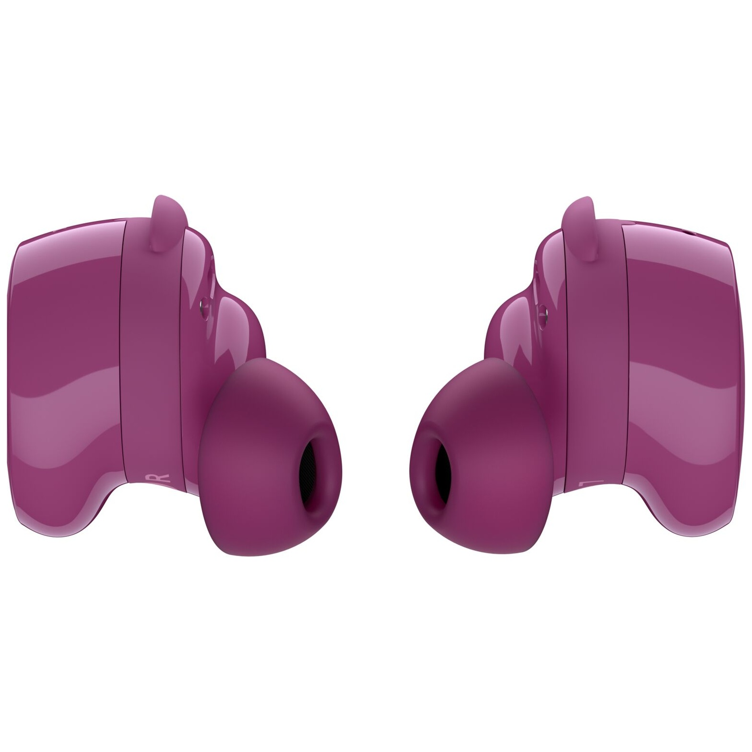 Een paar glanzende, paarse in-ear koptelefoons tegen een witte achtergrond.