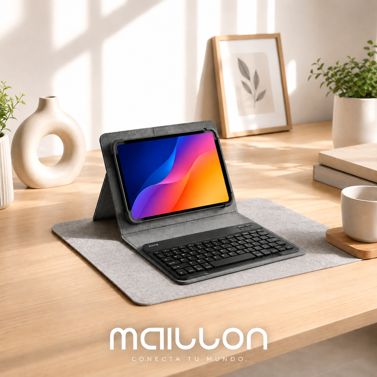 Una tablet en funda gris con teclado está en un escritorio de madera, rodeada de decoración.