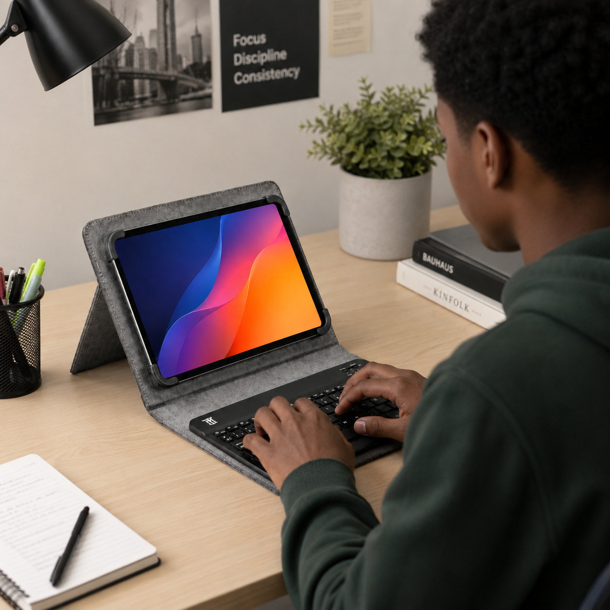 Una persona escribe en un teclado conectado a una tablet con un fondo de pantalla colorido en un escritorio de madera.