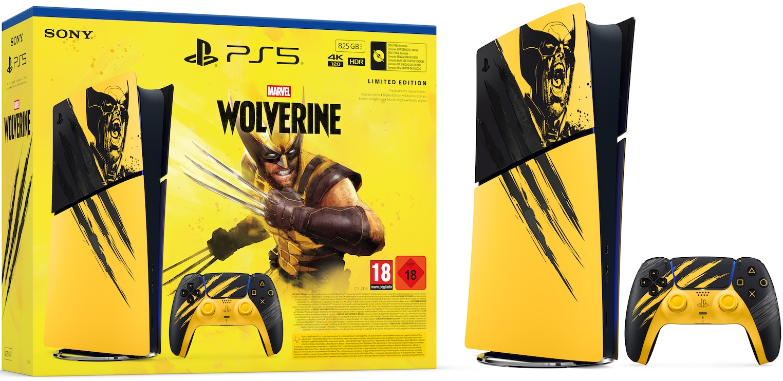 PS5 Limited Edition Konsole und Controller im gelb-schwarzen Marvel Wolverine Design neben der Verpackung.
