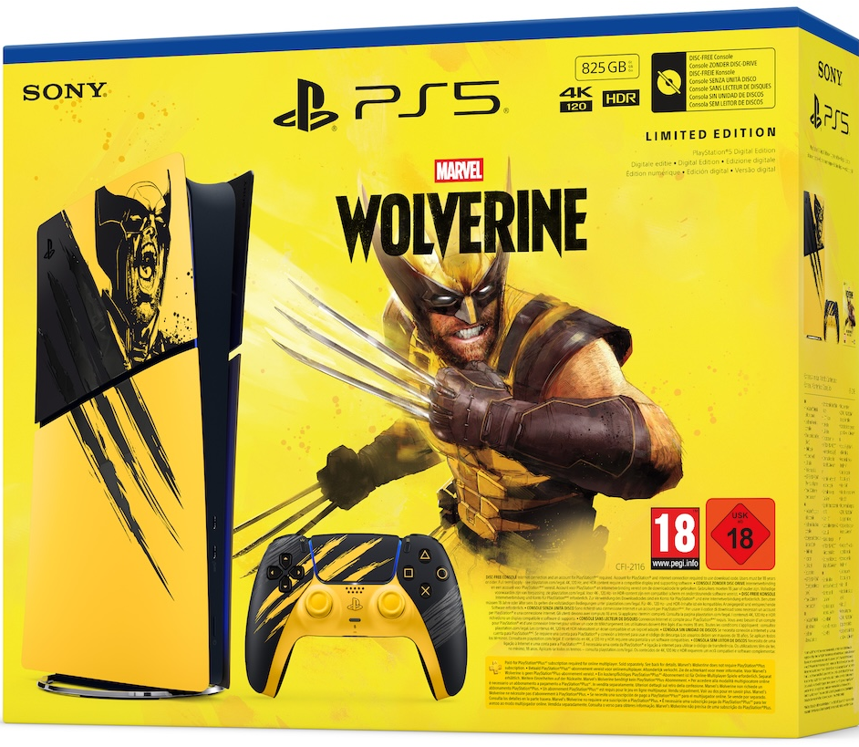 Gelbe Marvel's Wolverine PS5-Verpackung mit Konsolenabdeckung, Controller und Wolverine-Grafik.