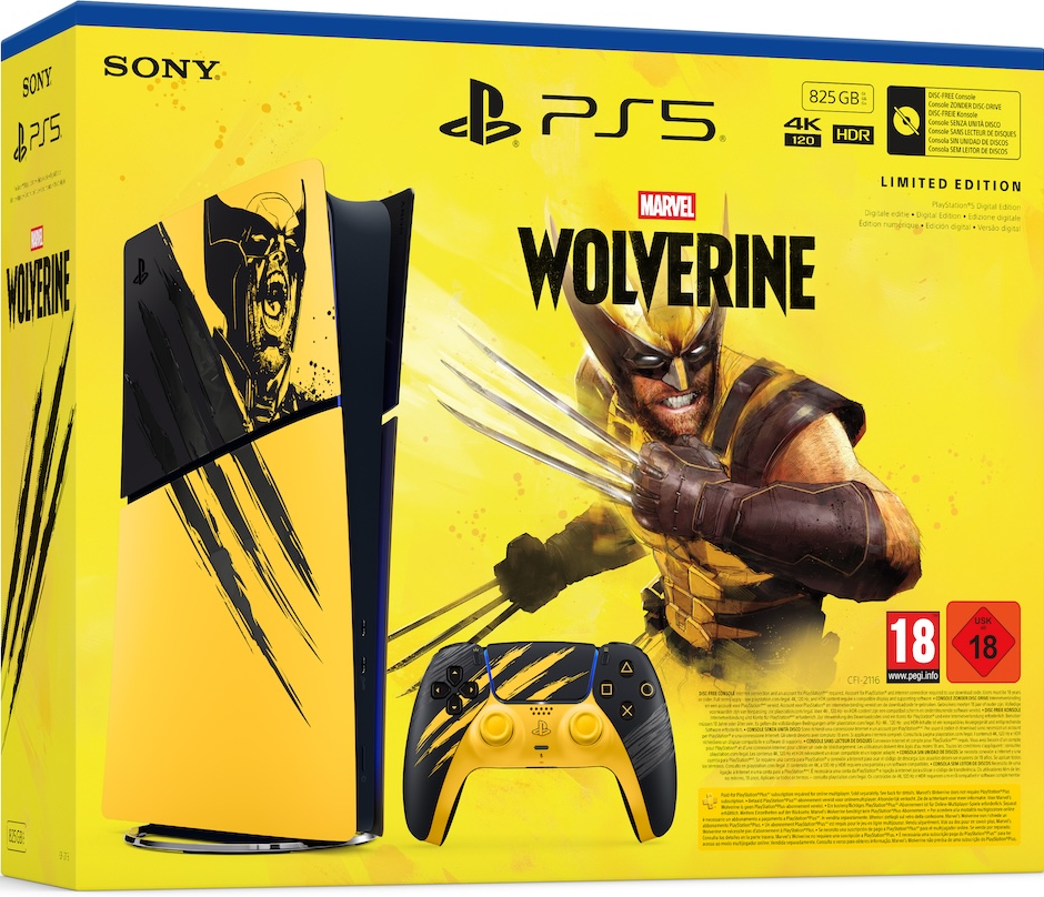 Gelbe PS5 Limited Edition Verpackung mit Marvel's Wolverine Konsole und passendem Controller.