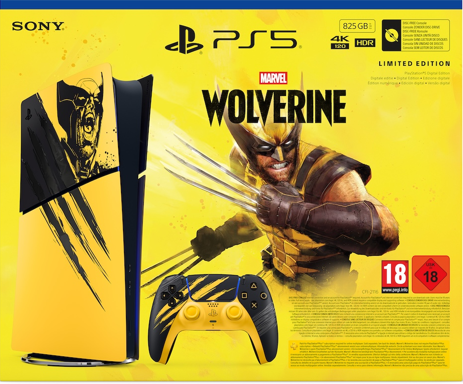 PS5 Konsole und Controller im Marvel Wolverine Design vor gelbem Hintergrund.