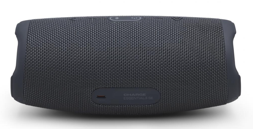 Szary cylindryczny głośnik Bluetooth na białym tle.