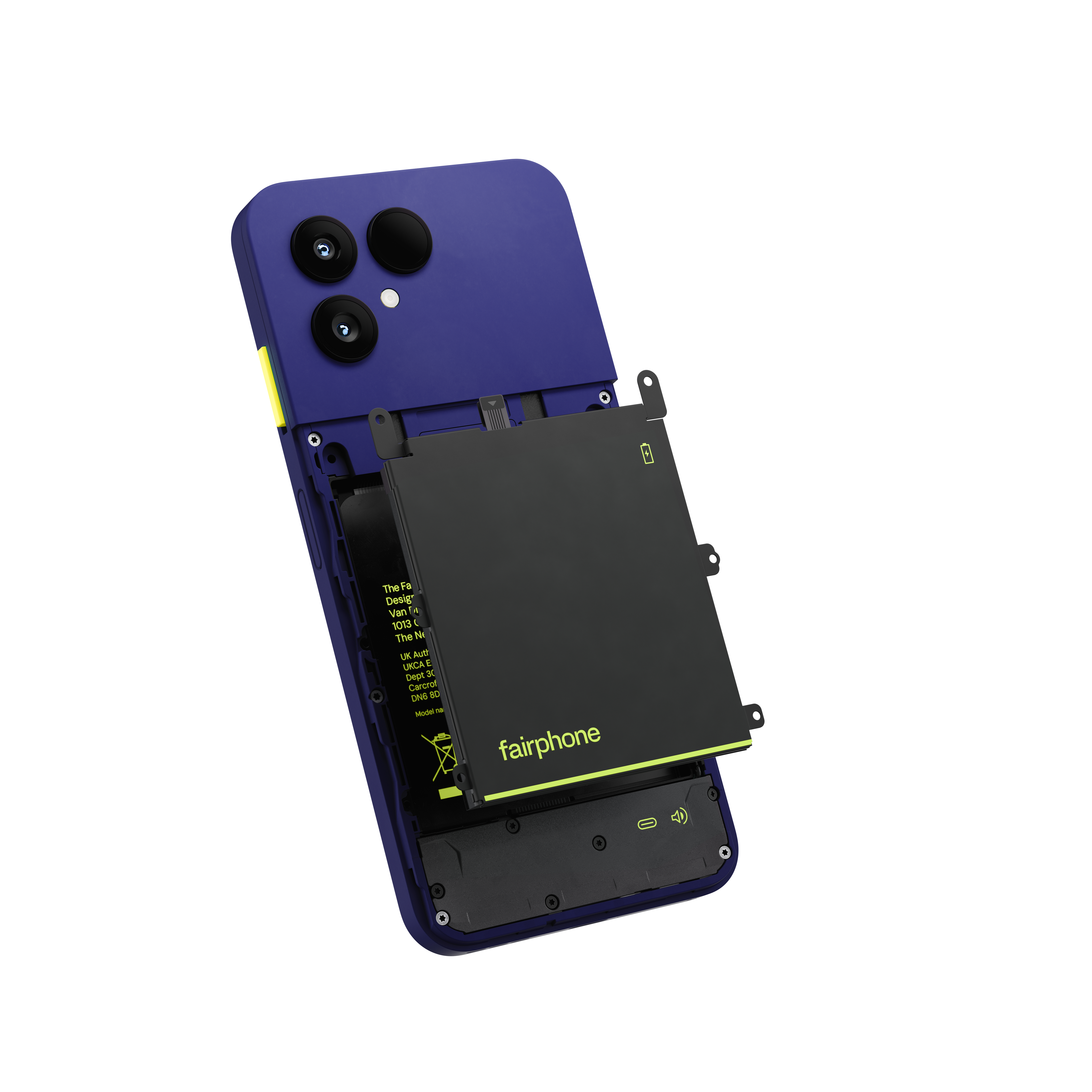 Rückseite eines blauen Fairphone mit entnehmbarem Akku, der die Marke zeigt.