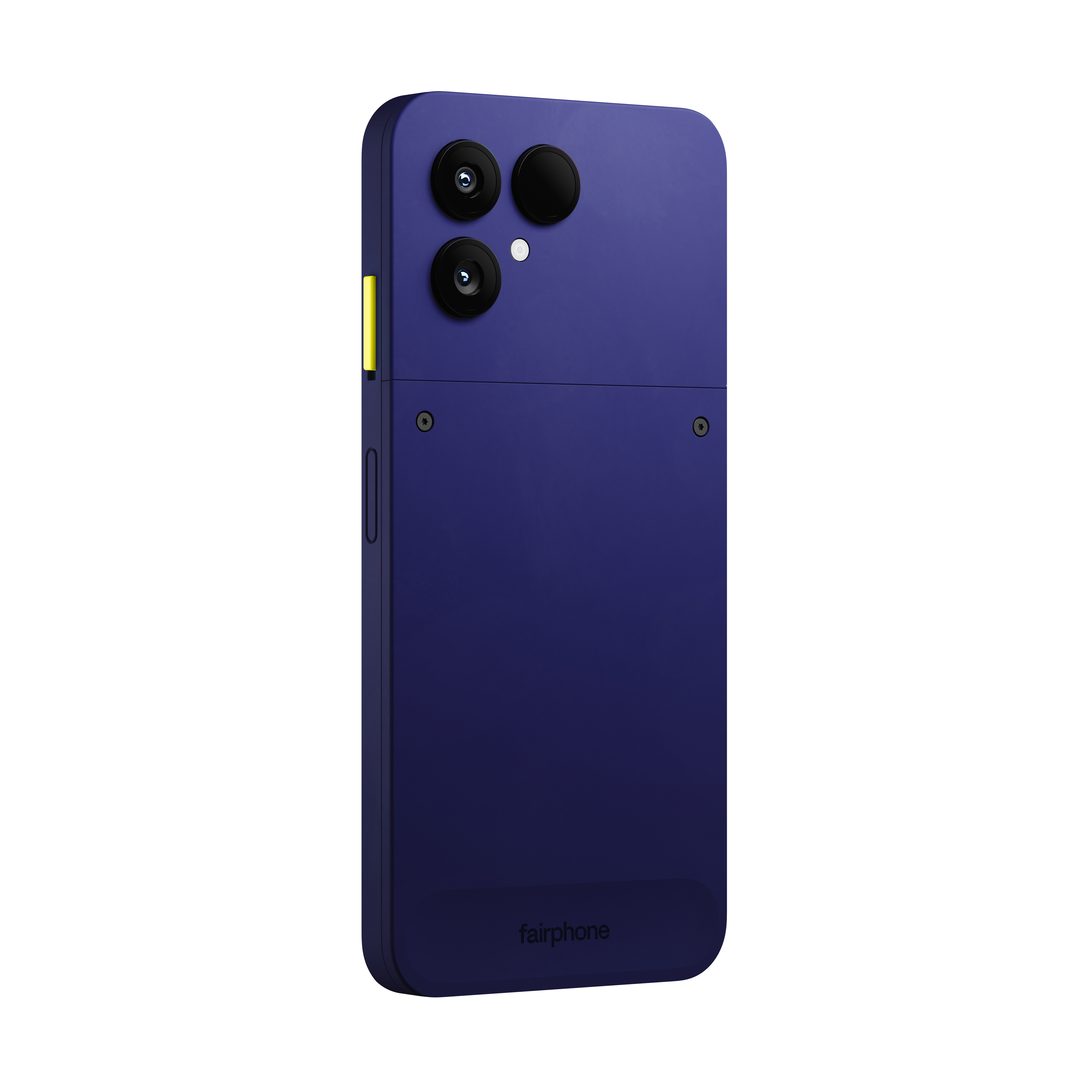 Eine violette Fairphone-Rückseite mit sichtbaren Schrauben, Dreifachkamera und gelbem Power-Button an der Seite.