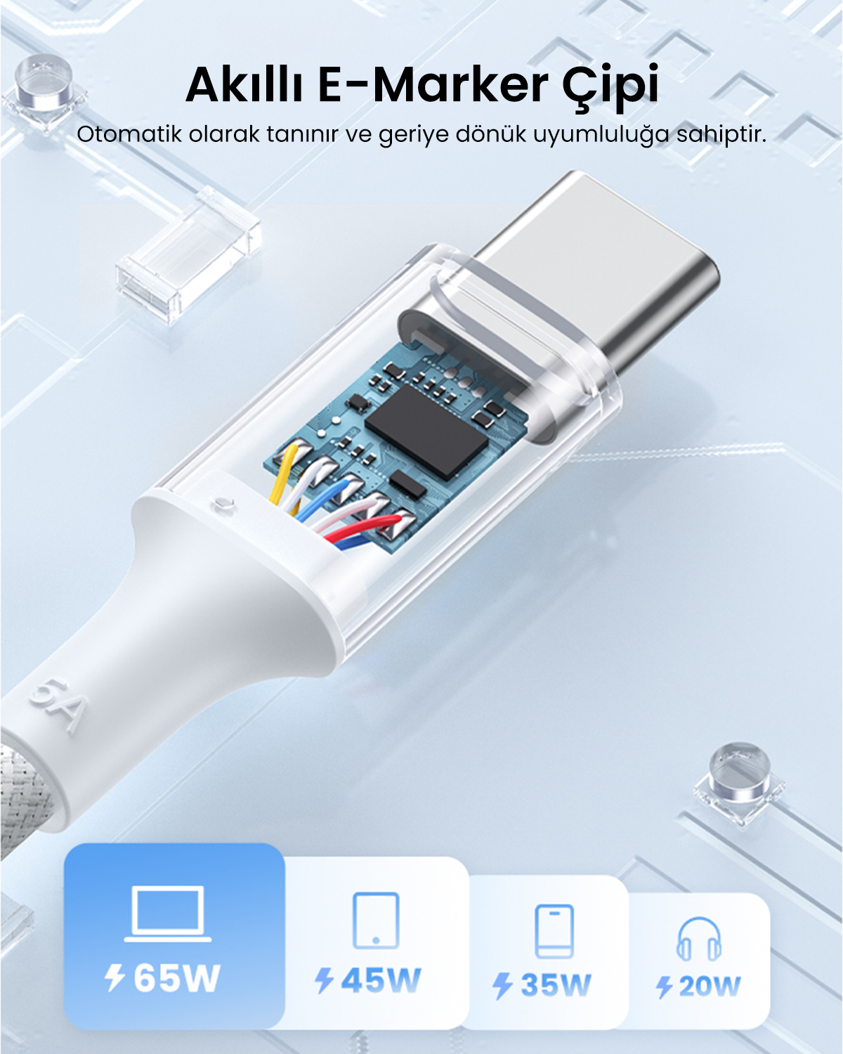 Mavi arka planda görünür E-Marker çipli şeffaf USB-C konektörü.