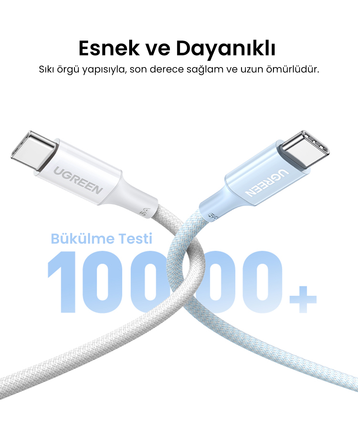 UGREEN logolu iki örgülü USB-C kablosu beyaz arka planda kesişiyor.
