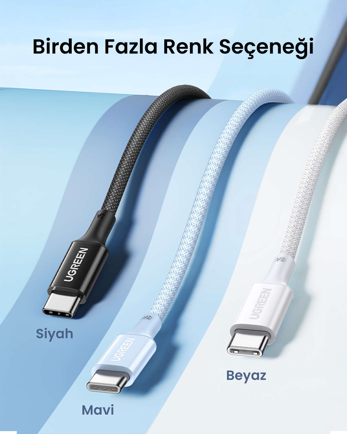 Mavi arka planda siyah, mavi ve beyaz renklerde üç adet Ugreen örgü USB-C kablosu ve Türkçe metin.
