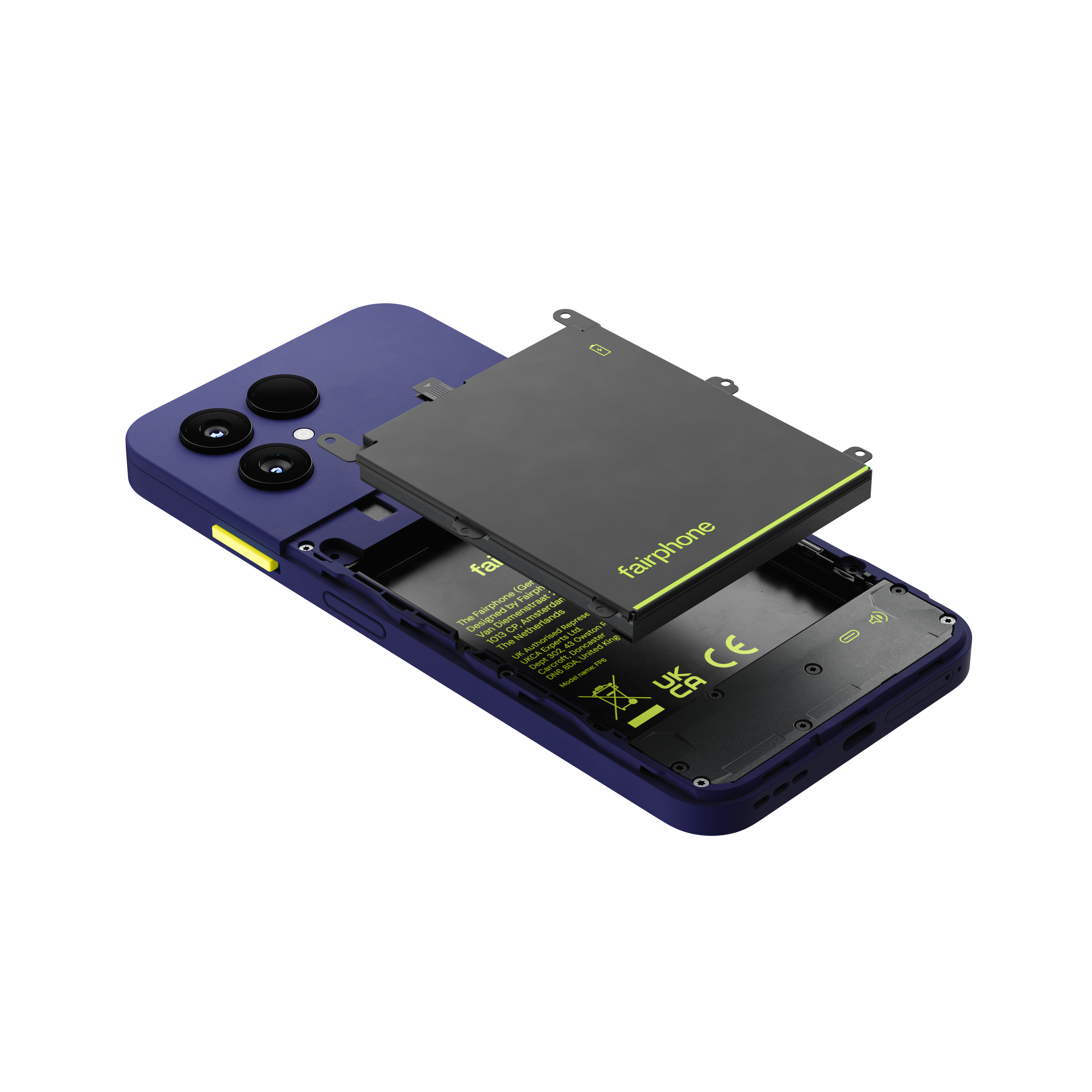 Ein lila Fairphone mit abgenommener Rückseite, bei dem der herausnehmbare Akku über dem Inneren schwebt.