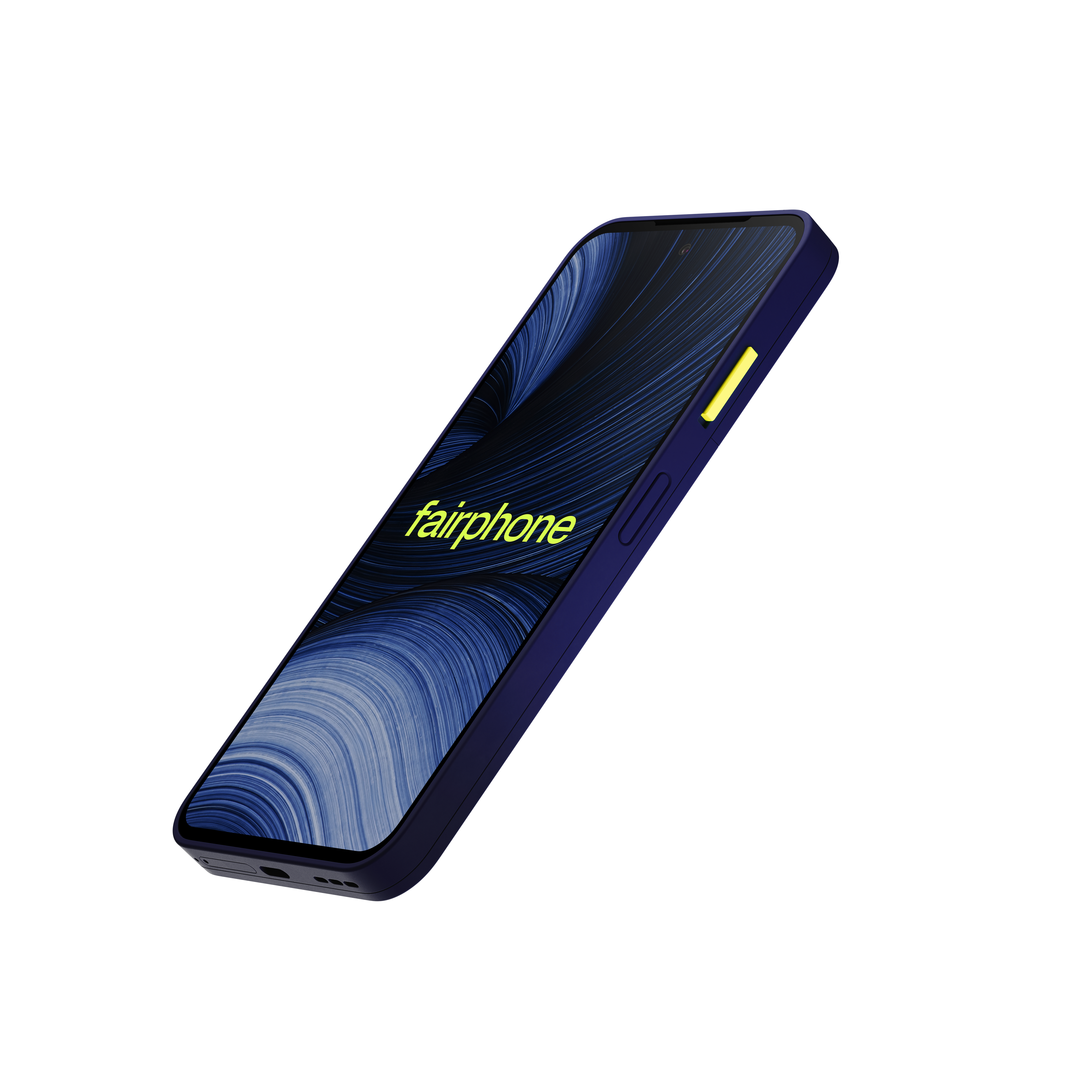 Ein blaues Fairphone mit abstrakten blauen Linien auf dem Bildschirm und einem gelben Power-Knopf.