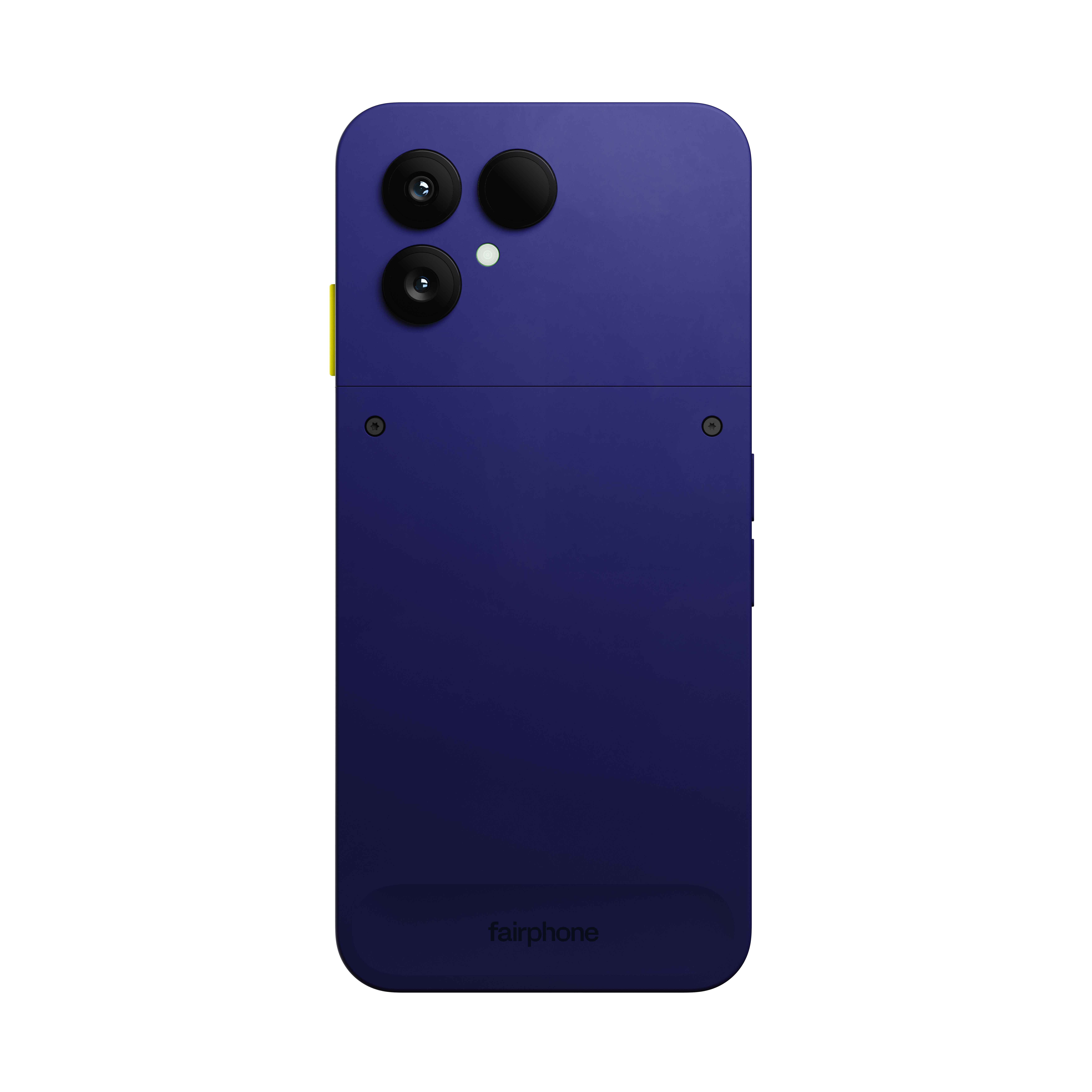 Rückseite eines blauen Fairphone-Smartphones mit drei Kameralinsen, Blitz, zwei sichtbaren Schrauben und gelbem Knopf.