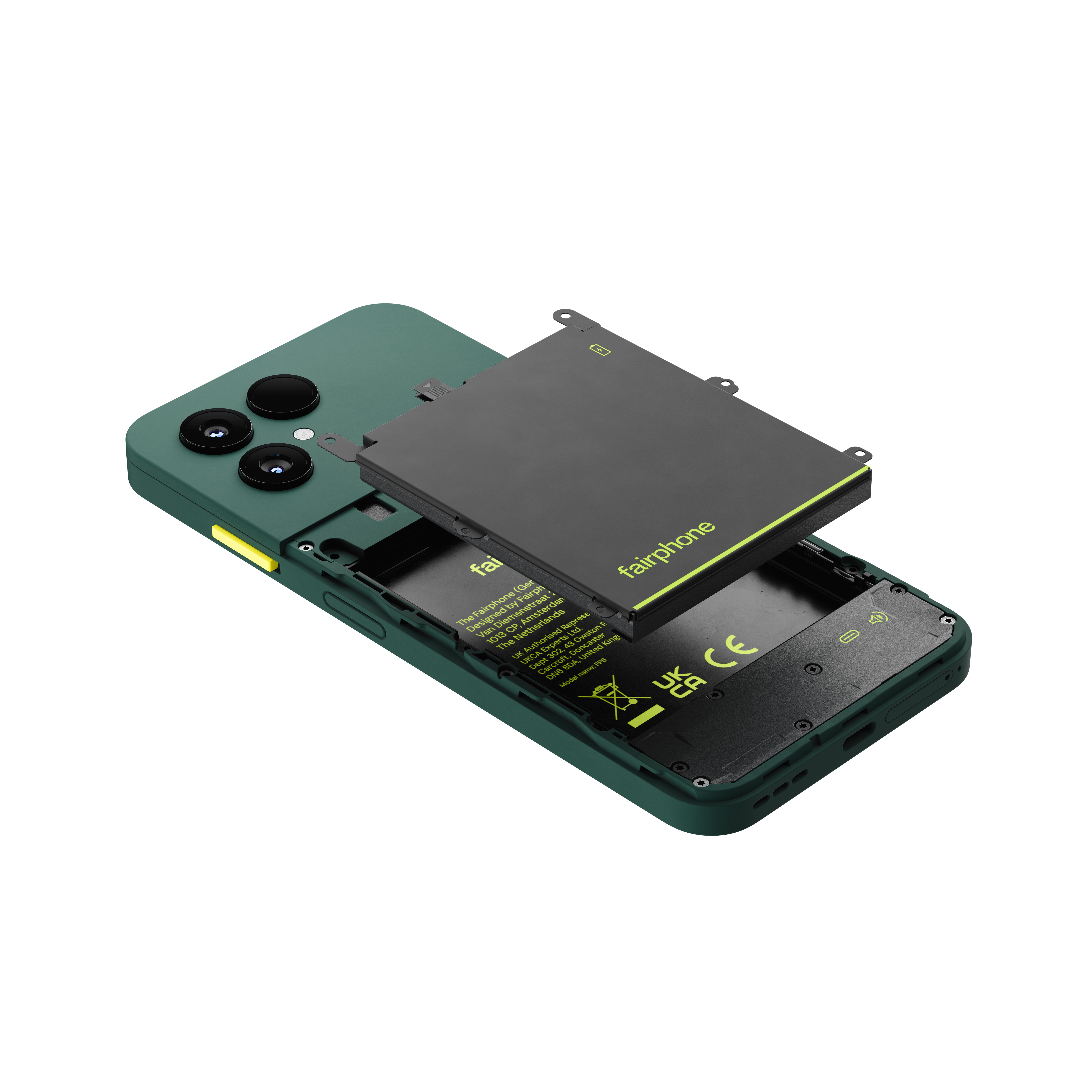 Grünes Fairphone mit entfernter schwarzer Batterie, die über dem offenen inneren Gehäuse schwebt.