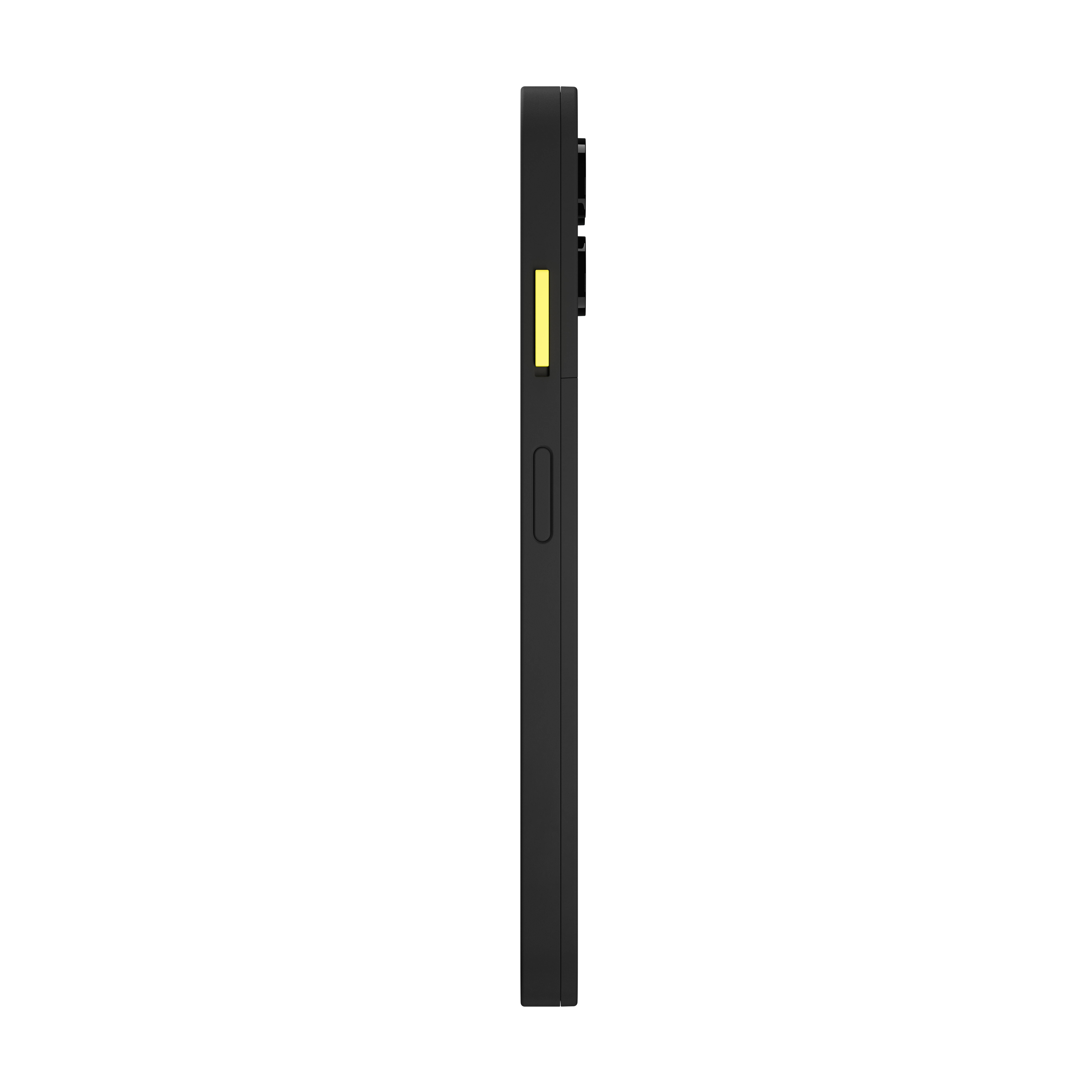 Seitenansicht eines schwarzen Smartphones mit gelbem Seitentaster und rückseitigen Kameralinsen.