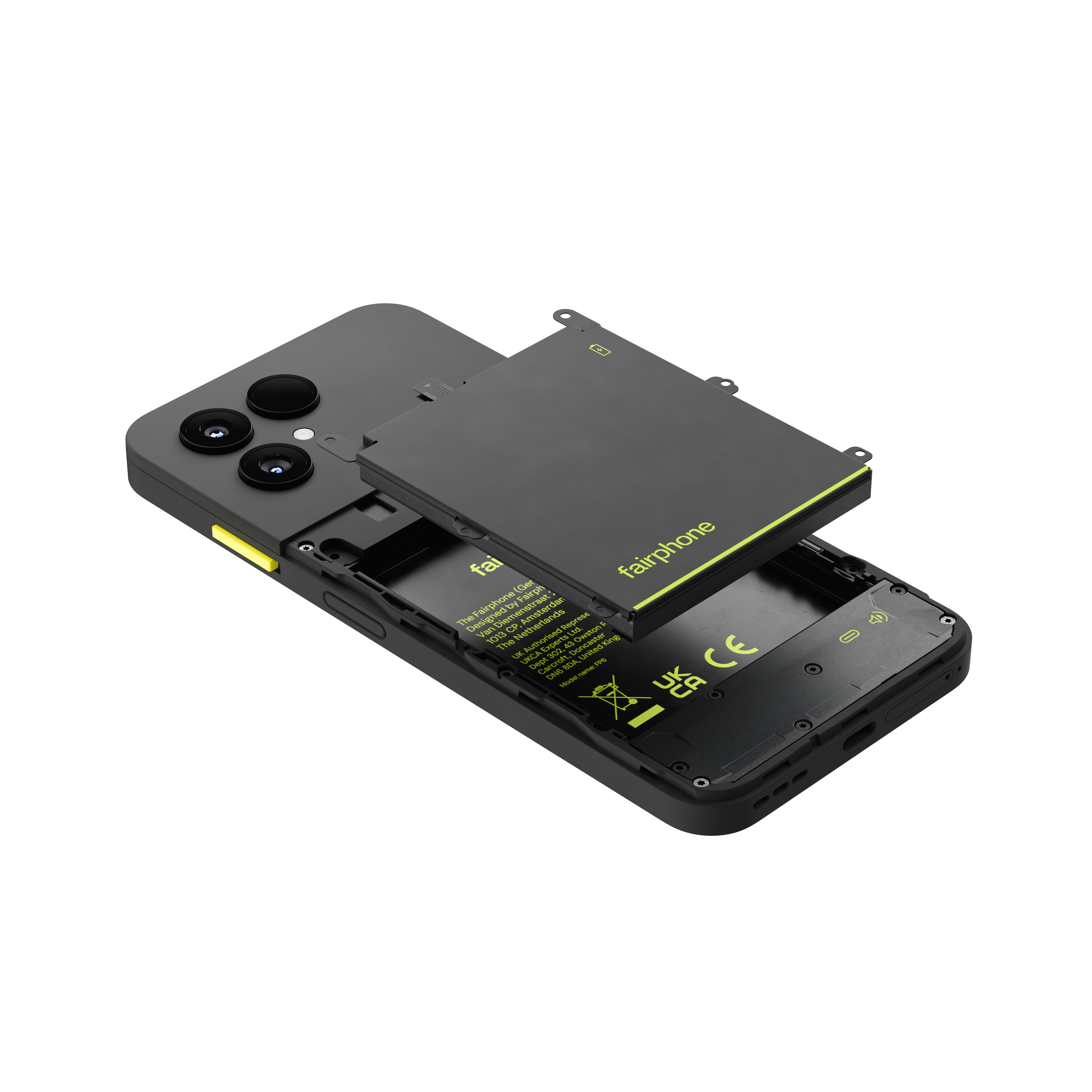Ein Smartphone mit abnehmbarem Akku und sichtbaren internen Komponenten auf weißem Hintergrund.