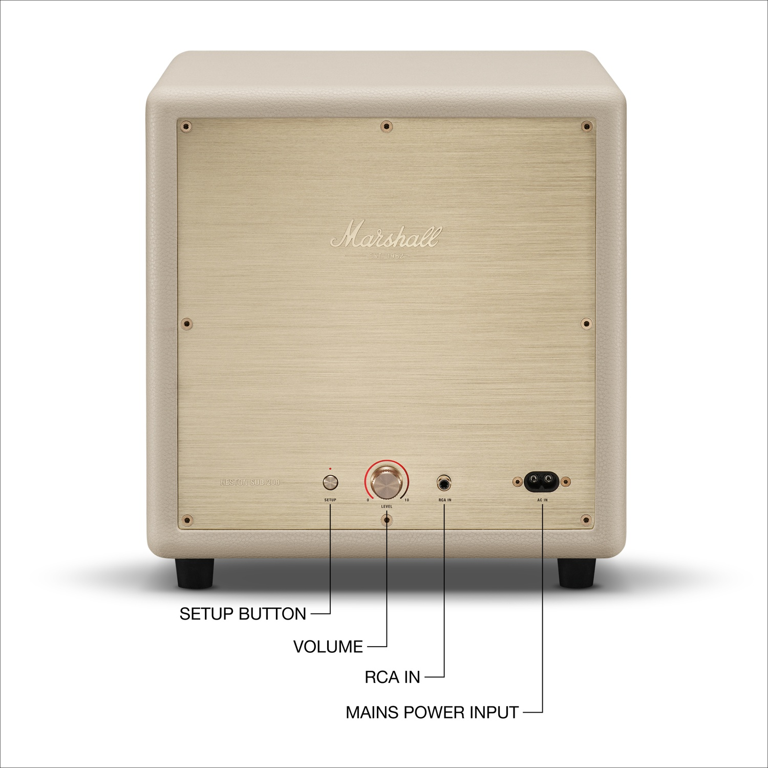 Panneau arrière d'un Marshall Heston Sub 200 avec bouton de configuration, volume, entrée RCA et alimentation.