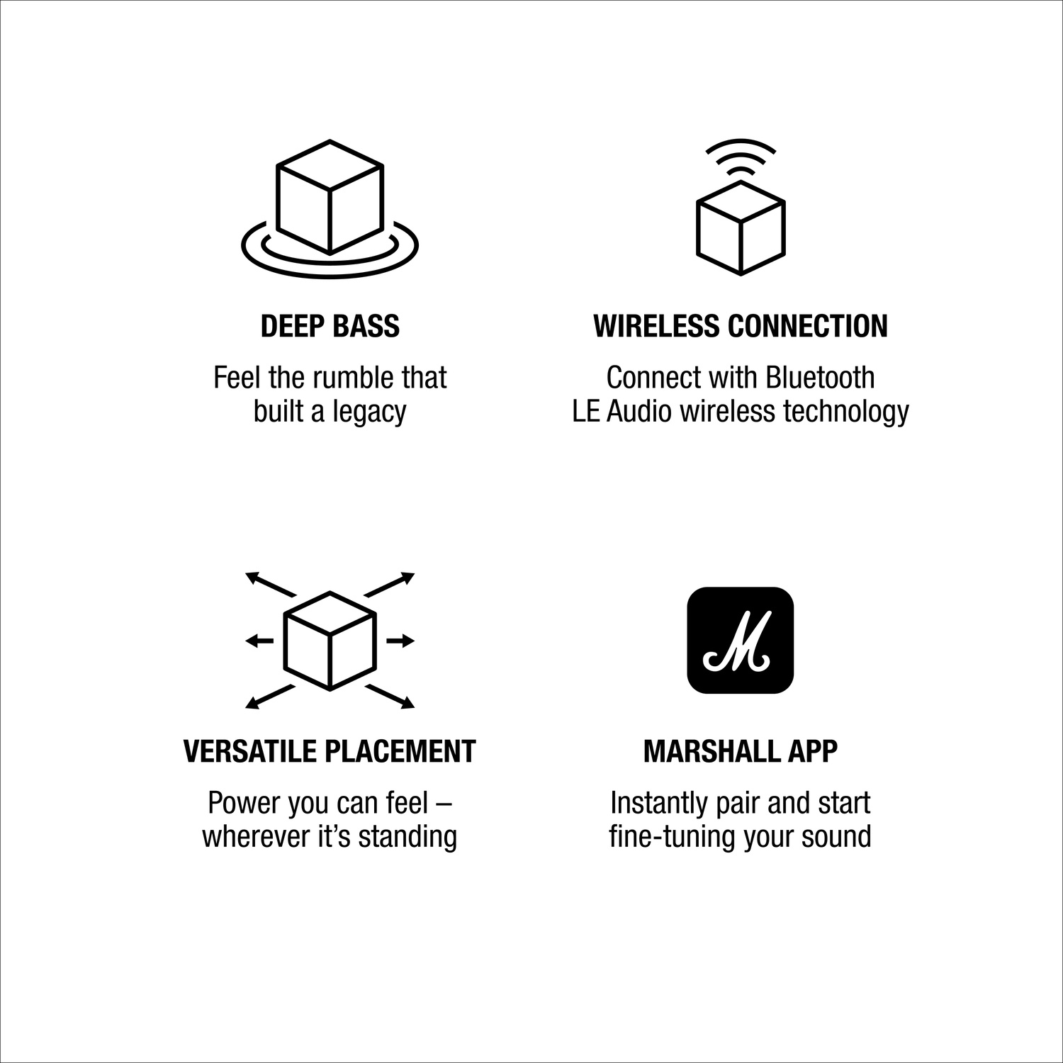Quatre icônes avec texte montrent des fonctions comme des basses profondes, une connexion sans fil et l'application.