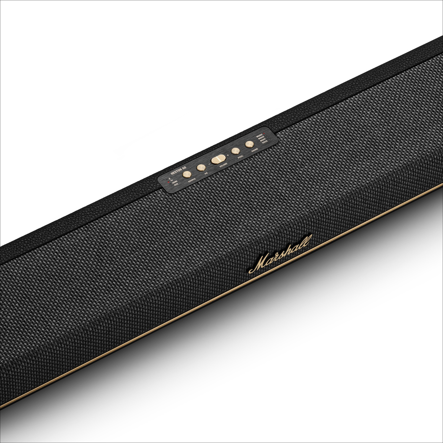 Une barre de son Marshall noire avec bordure dorée, grille en tissu et boutons de commande.