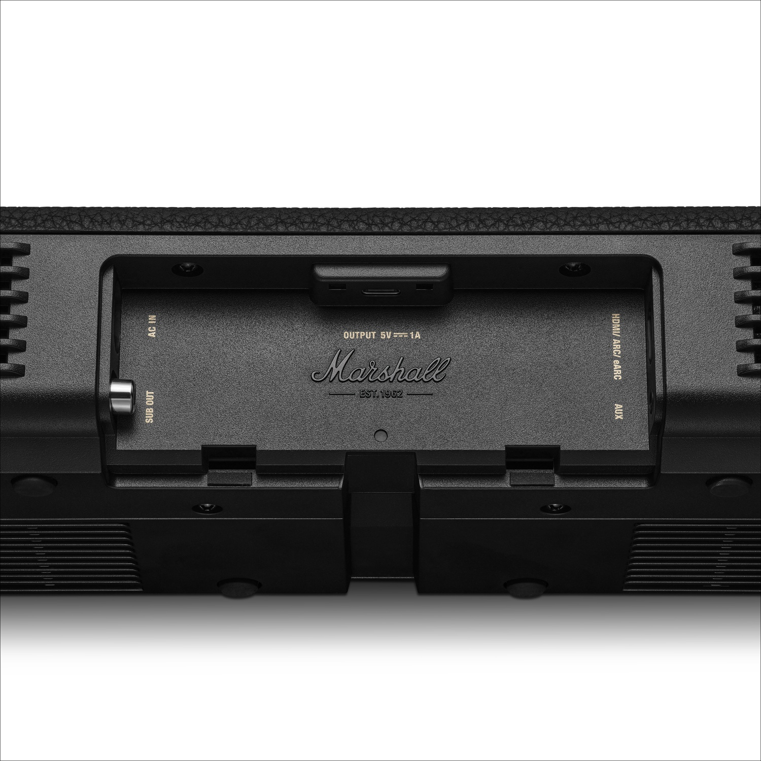 Panneau arrière d'un appareil noir Marshall avec ports et logo.