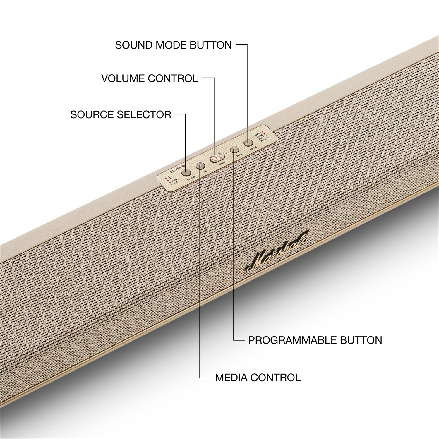 Gros plan sur une barre de son Marshall beige avec des commandes étiquetées, y compris le volume et la source.