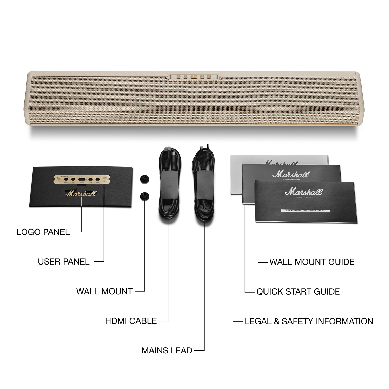 Barre de son Marshall avec accessoires incluant câbles, support mural et documentation sur fond blanc.