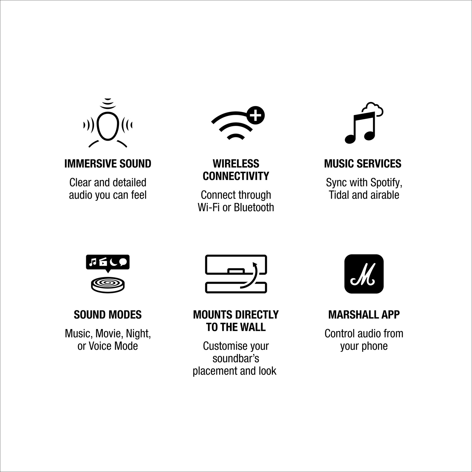 Six icônes avec du texte mettant en valeur les fonctions de la barre de son comme le son immersif et l'application Marshall.
