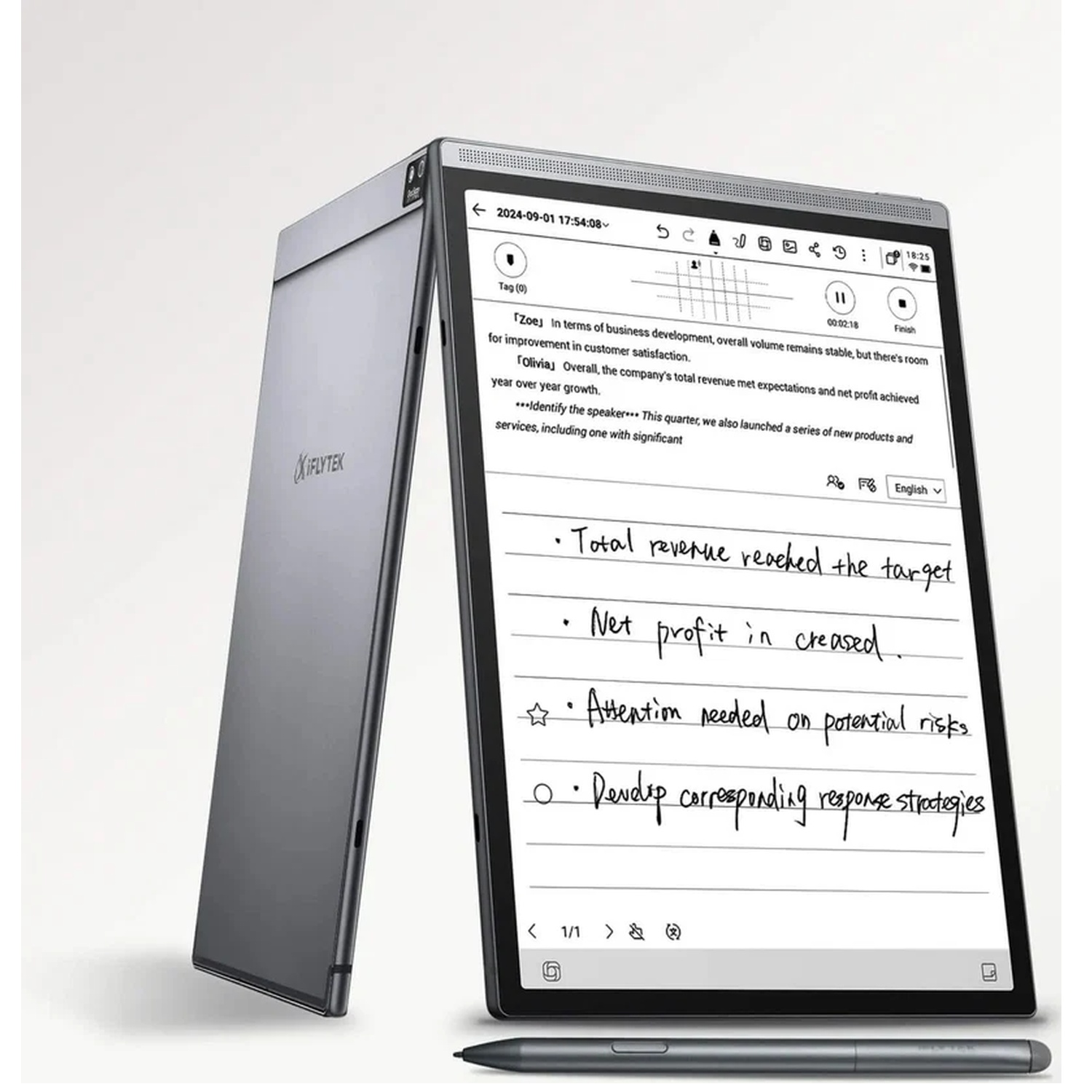 Gray e-paper tablet with stylus displaying handwritten notes and text.