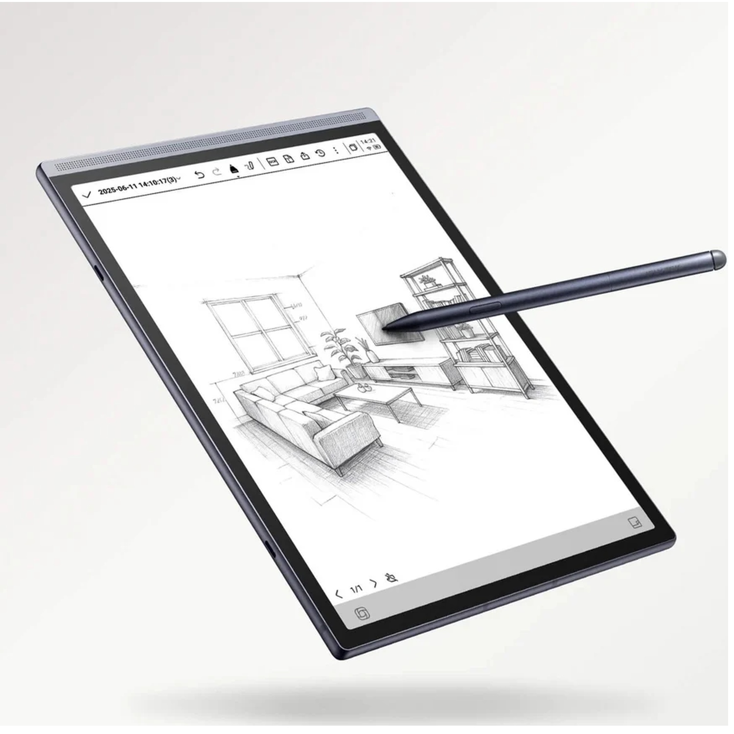 A dark tablet displays an interior sketch, with a stylus resting on screen.
