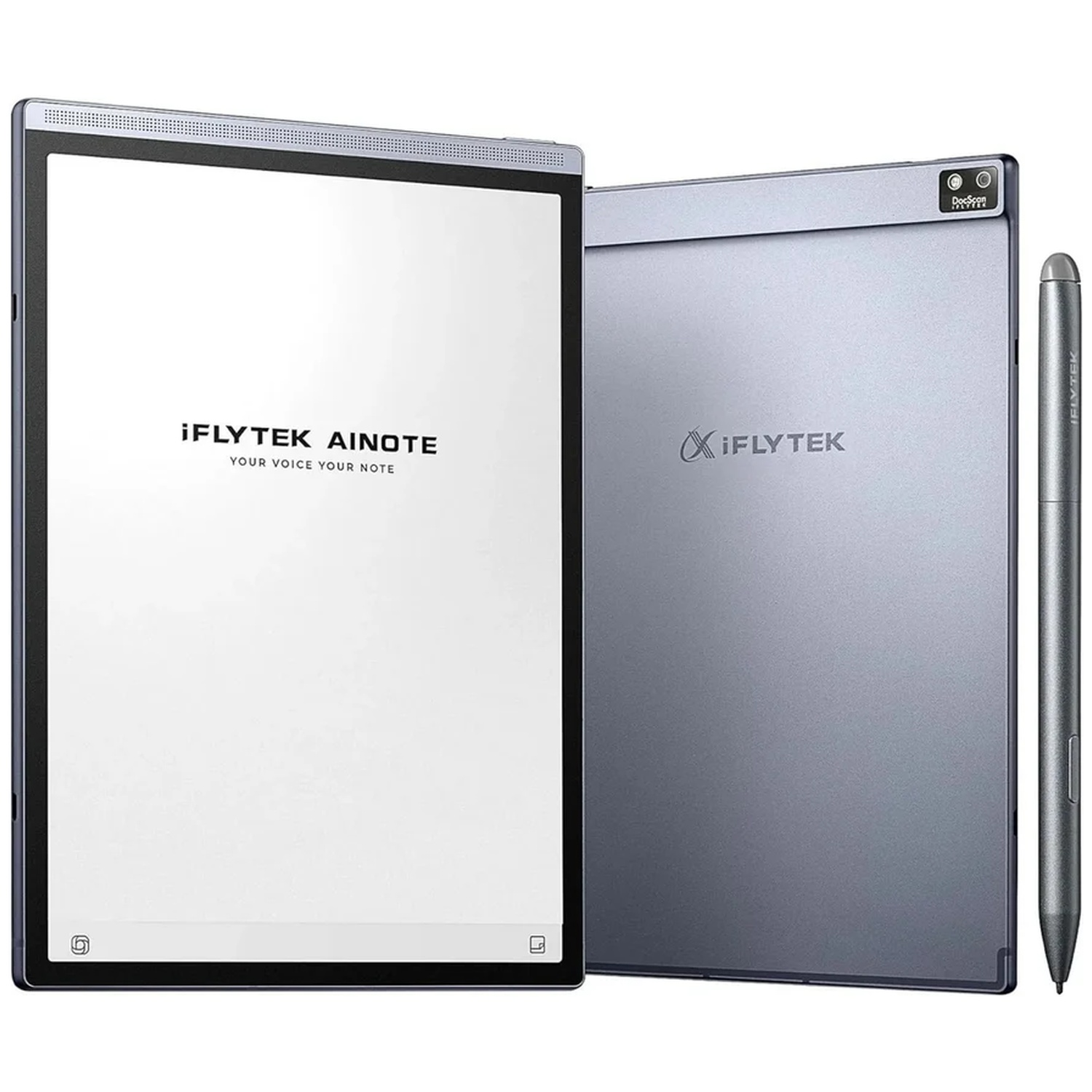 iFlytek AINote e-reader displayed with its back case, front screen, and a matching stylus pen on the right.