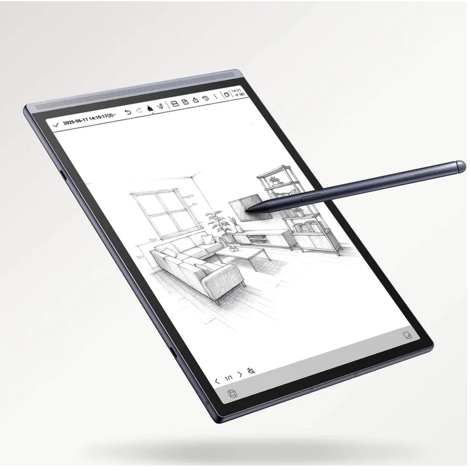 A tablet with a stylus displays a hand-drawn sketch of a modern living room.
