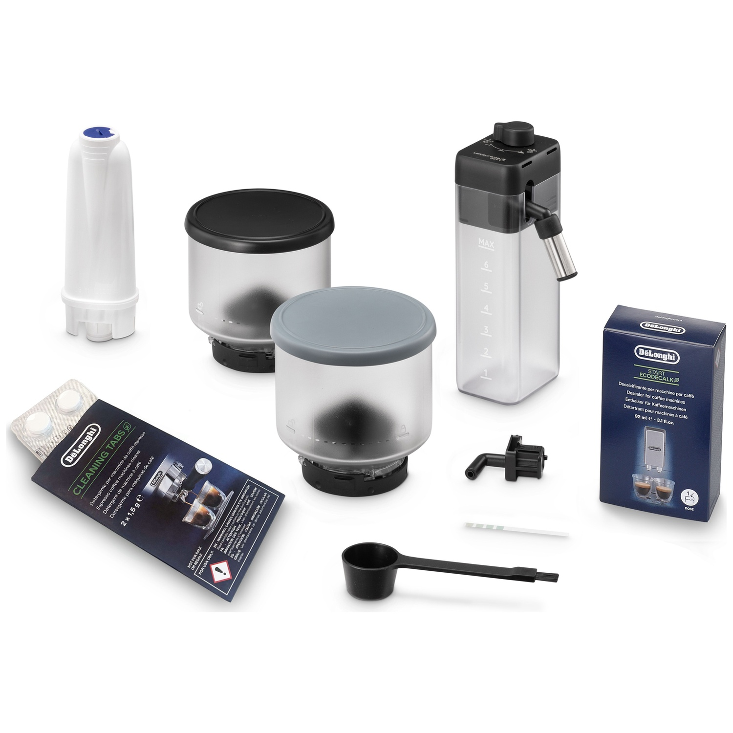Accessoires de machine à café avec filtre à eau, pastilles de nettoyage, réservoir de lait et détartrant.