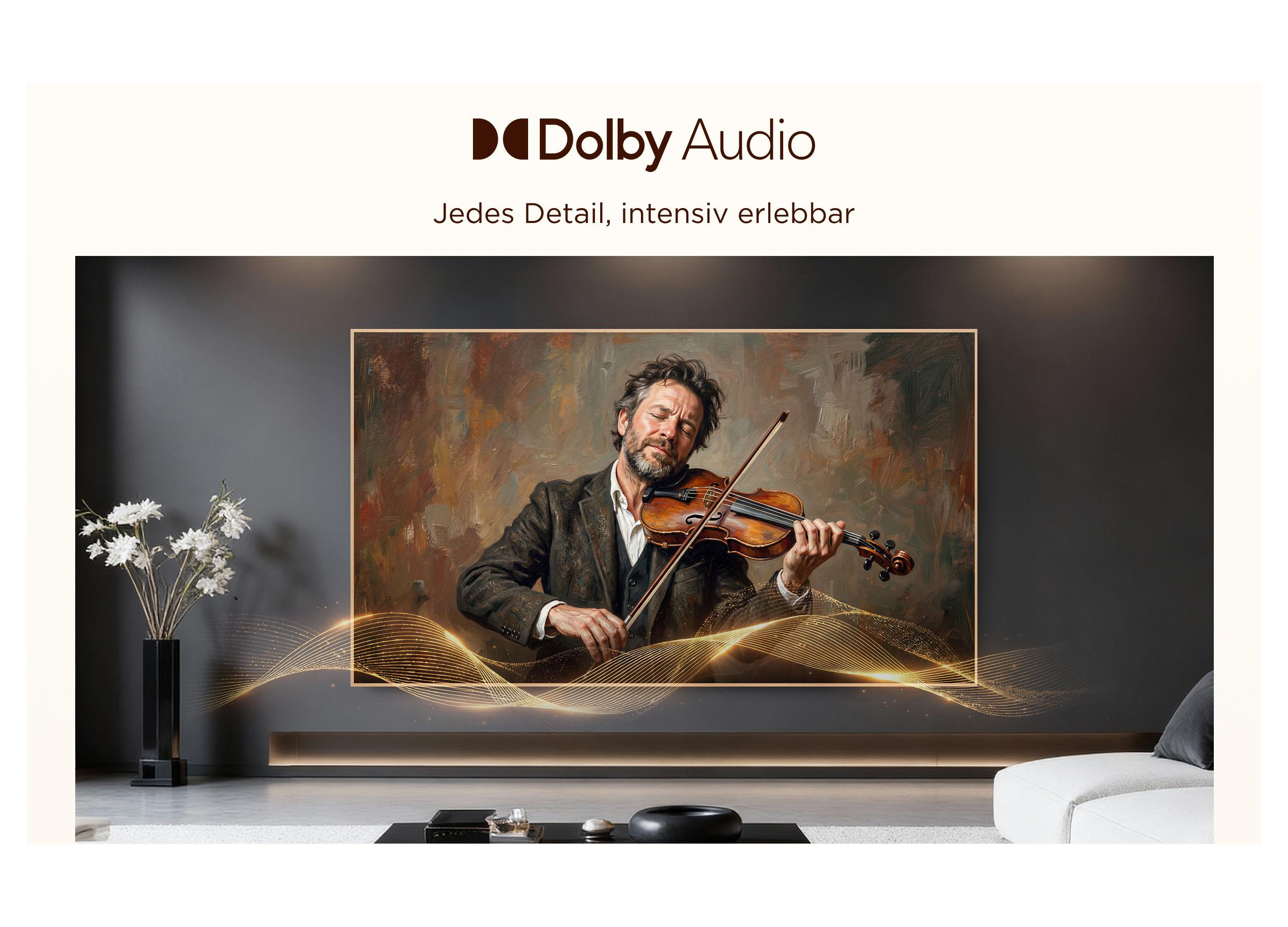 Ein Fernseher an der Wand zeigt einen Geiger, während goldene Wellen darunter fliessen.