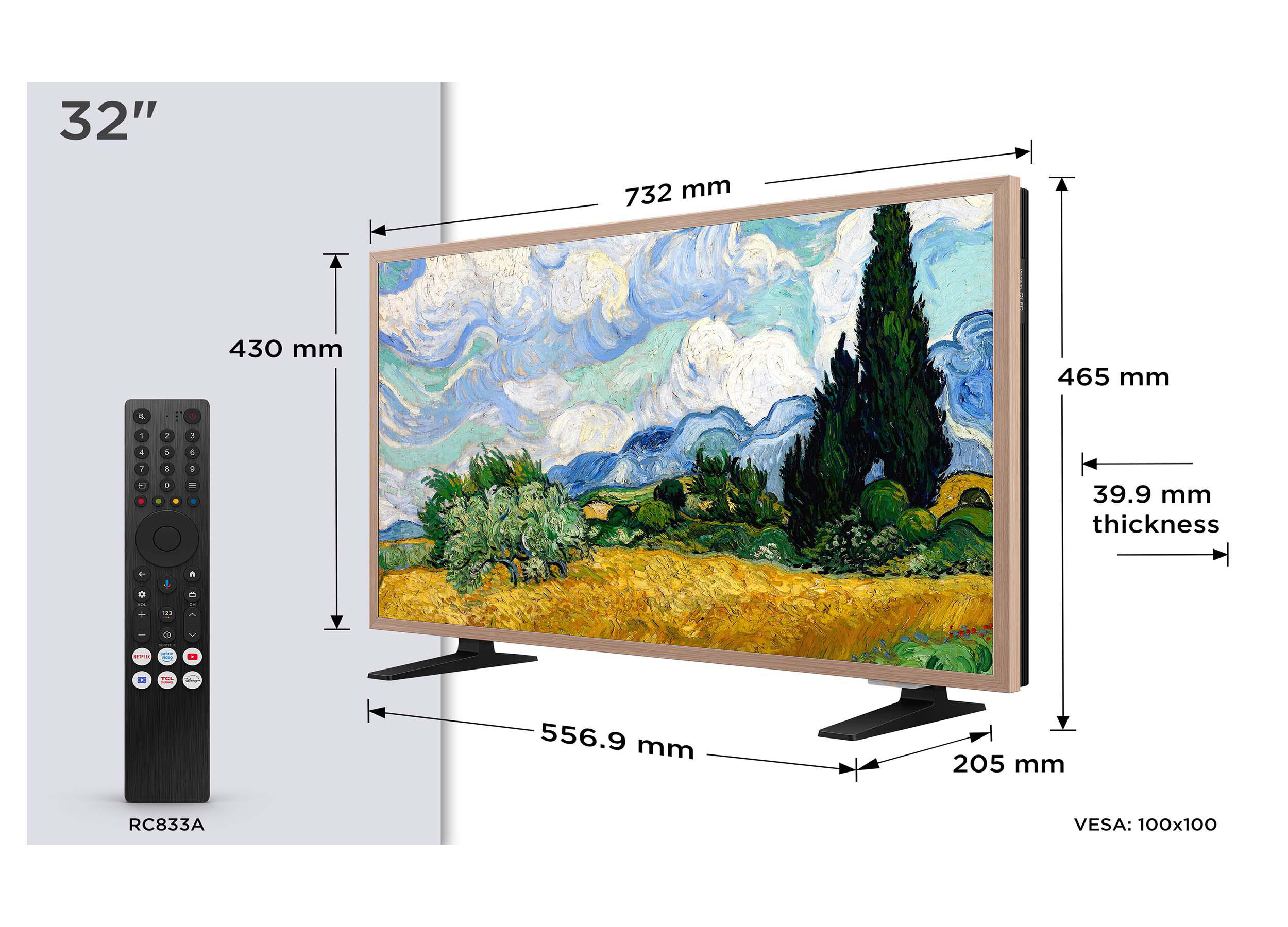 32-Zoll-TV mit Holzerahmen zeigt Gemälde, inklusive Maßen, Fernbedienung und VESA-Angabe.