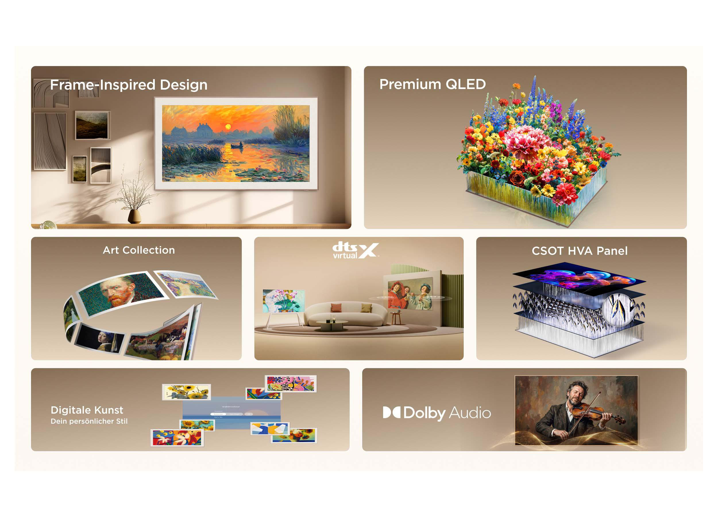 Sechs Produktbilder zeigen QLED-TV-Funktionen mit Kunstdisplay, Premium-Farben, DTS-X, HVA-Panel und Dolby Audio.