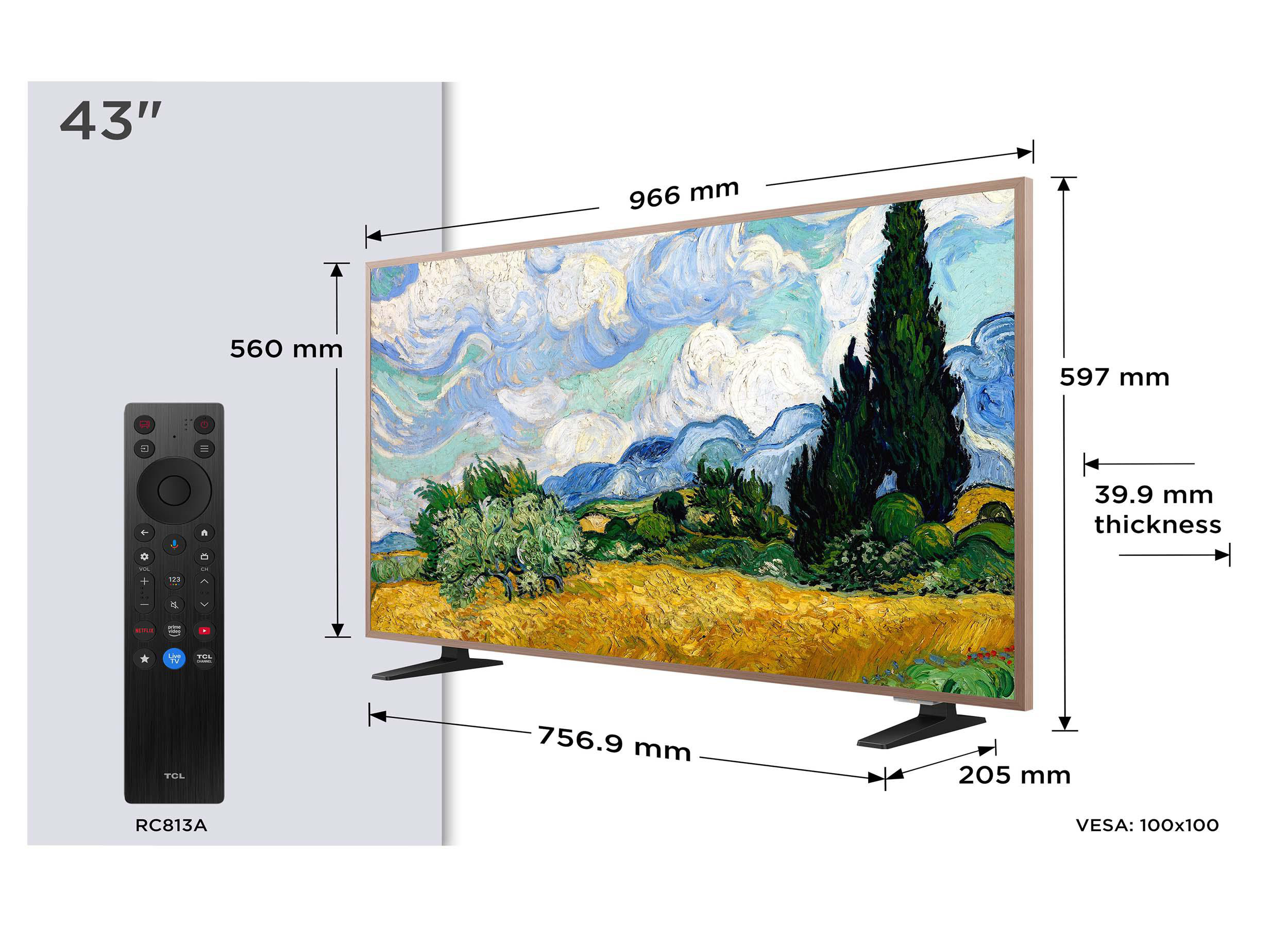 Diagramm eines 43-Zoll-Fernsehers mit Maßen, Bildschirminhalt von Van Gogh und Fernbedienung.