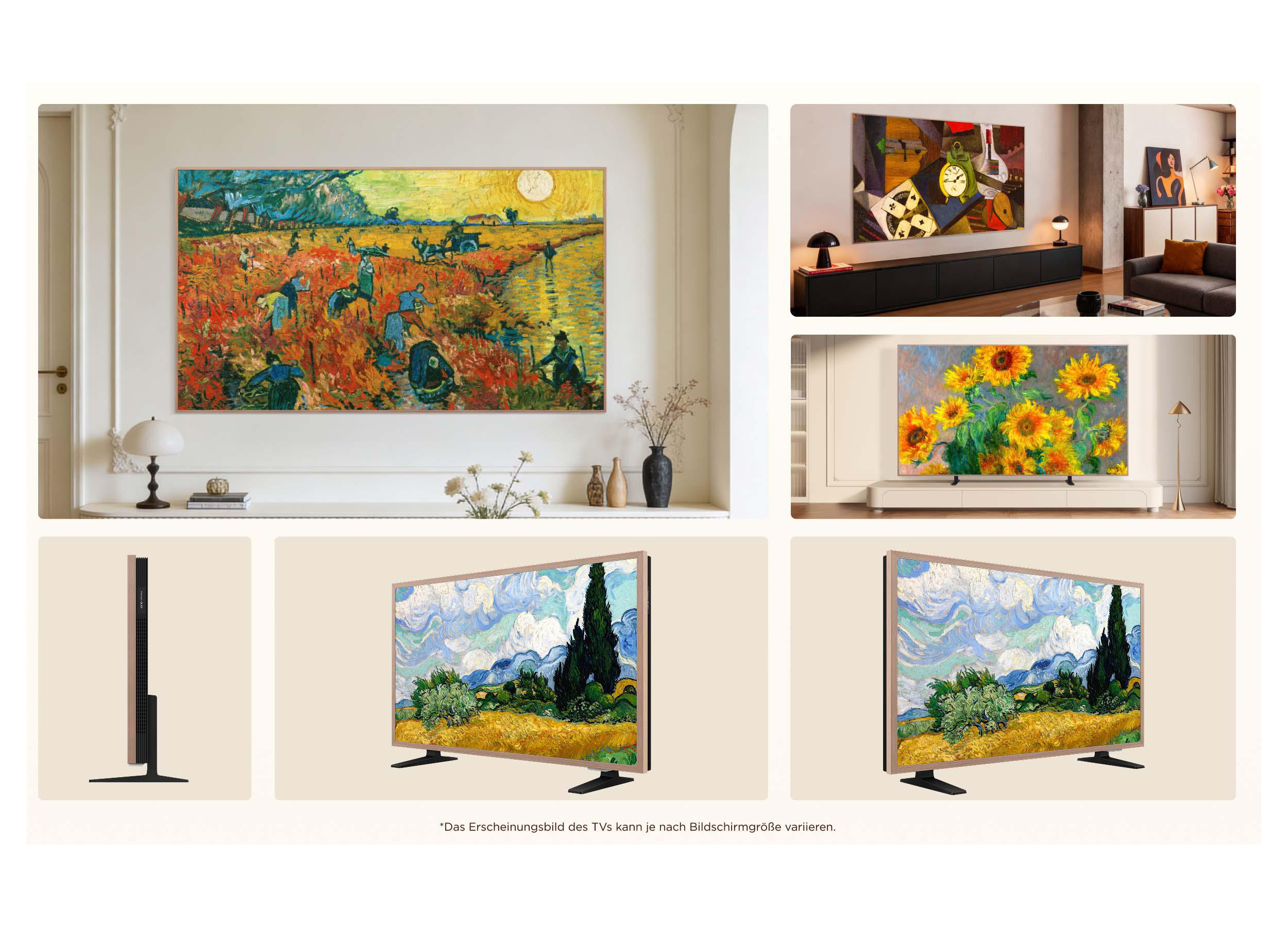 Eine Collage zeigt einen Fernseher mit berühmten Kunstwerken in verschiedenen modernen Räumen.