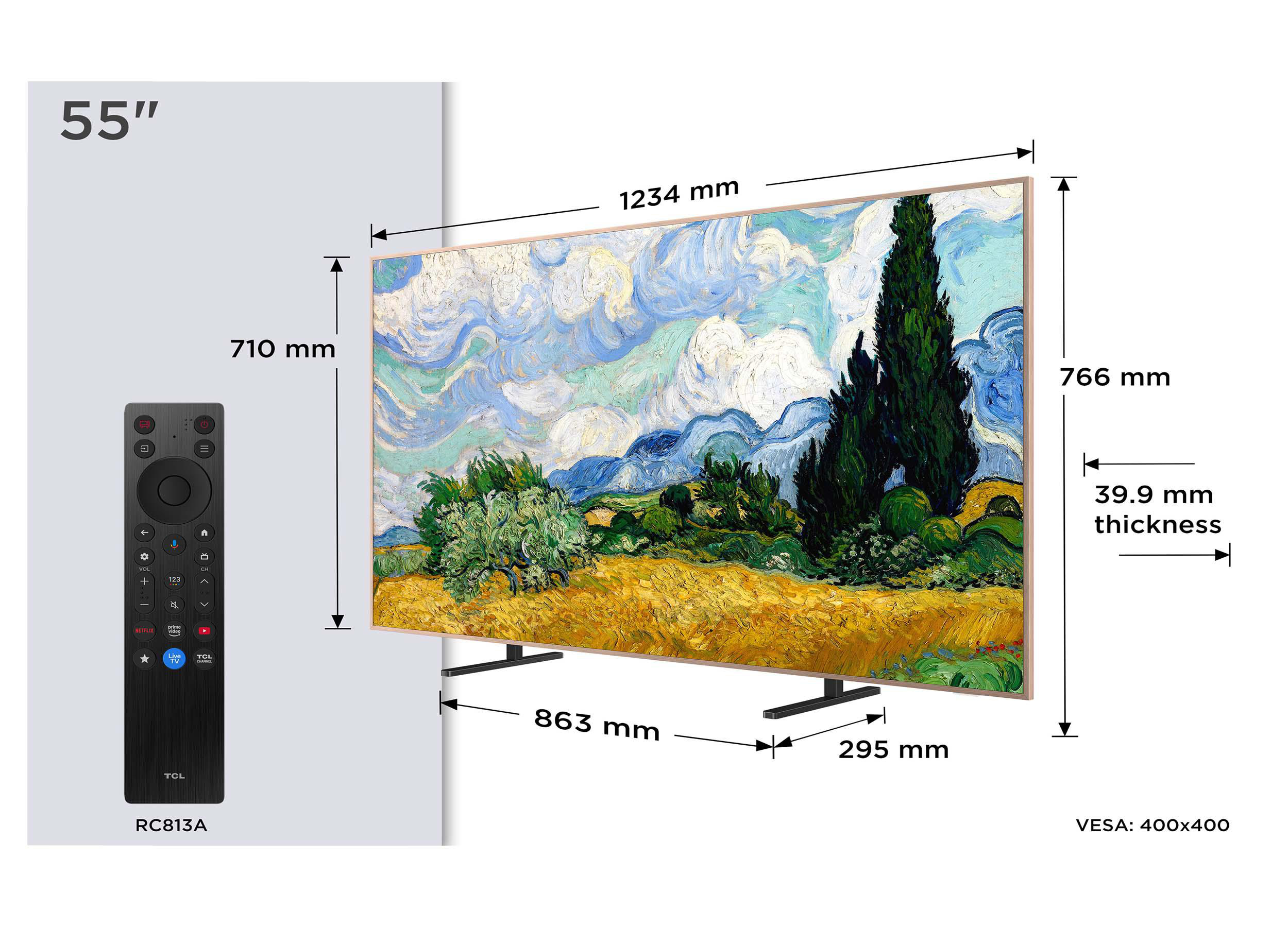Technische Zeichnung eines 55-Zoll-Fernsehers mit Maßen und Fernbedienung.