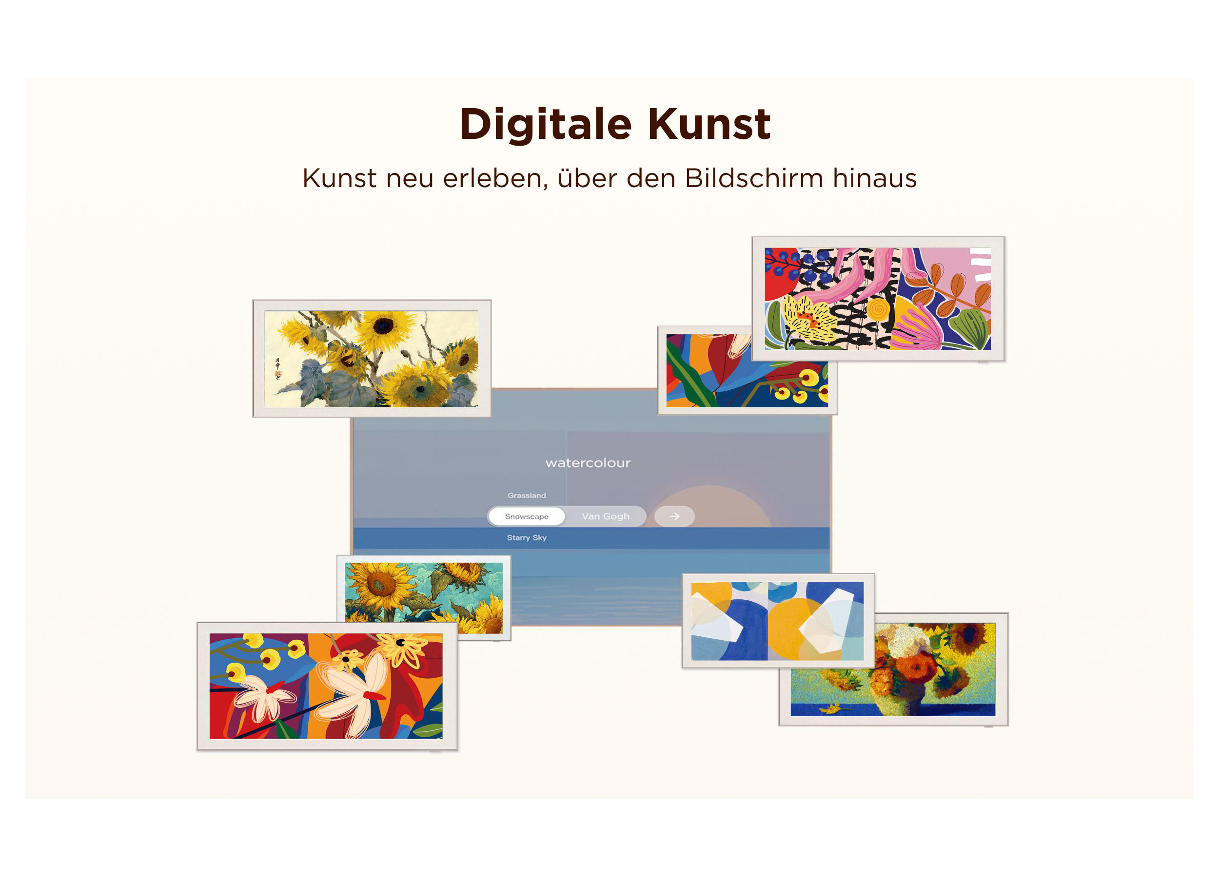 Digitale Kunst: Mehrere Kunstwerke und ein Bildschirm mit UI für digitale Kunst.