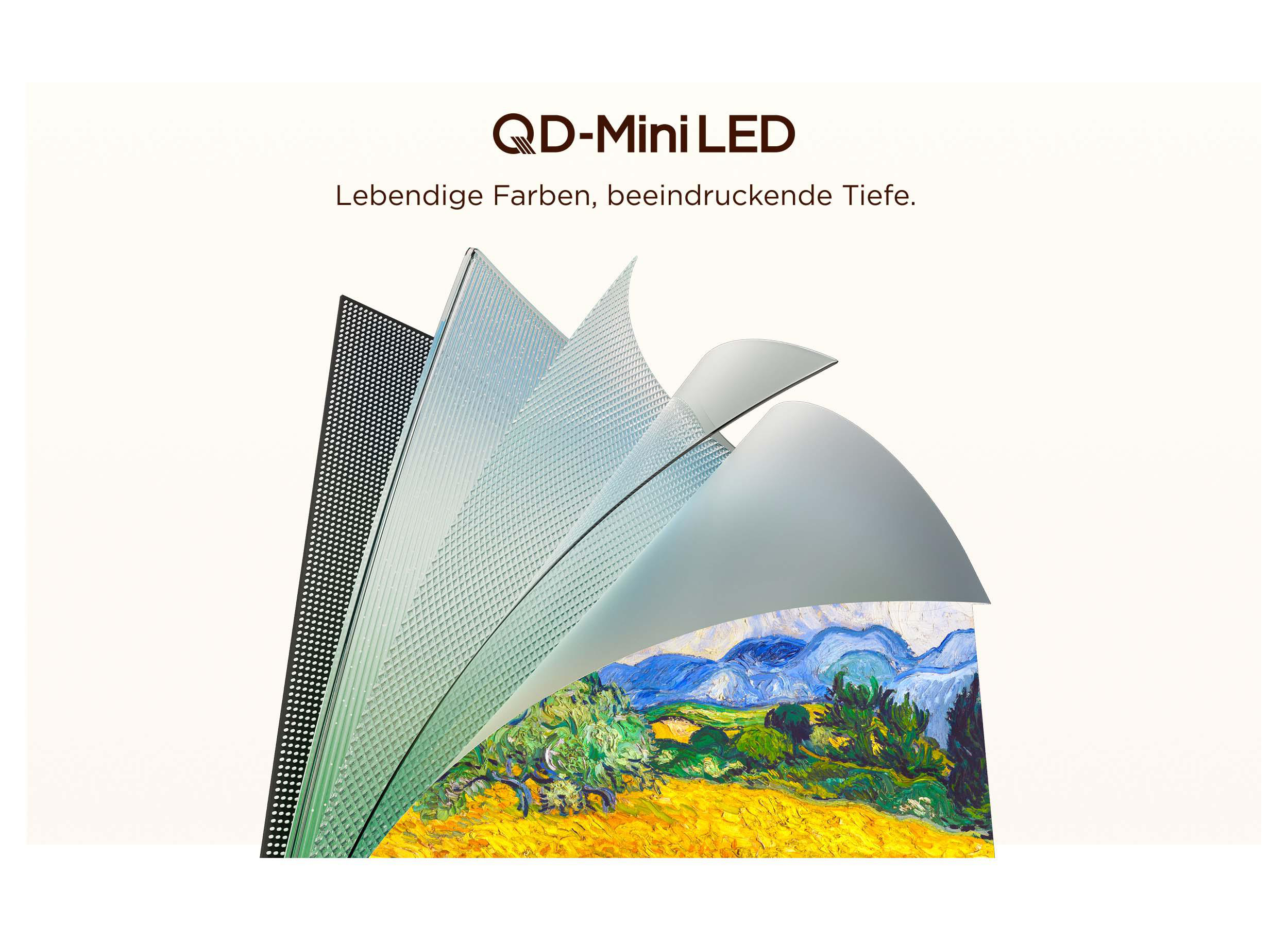 QD-Mini LED Display-Schichten über einem Gemälde mit Bergen.