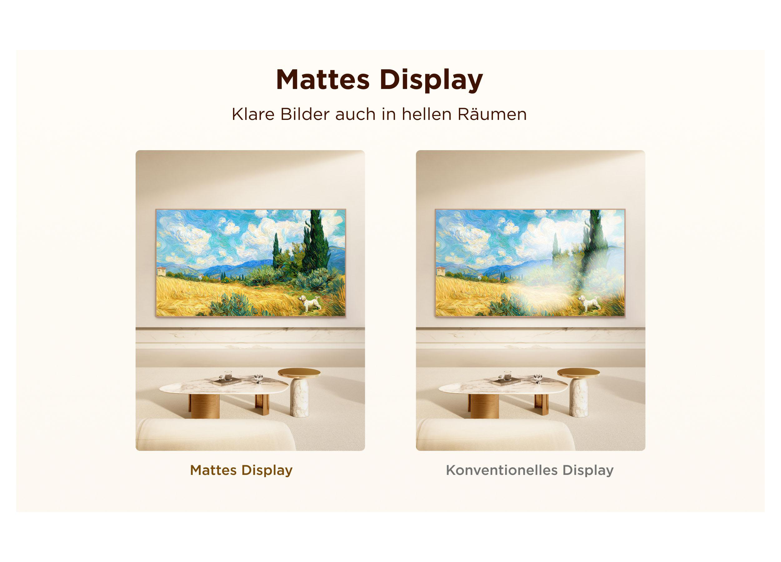Vergleich zweier Fernseher: Ein mattes Display zeigt klare Bilder, während ein konventionelles Display stark spiegelt.