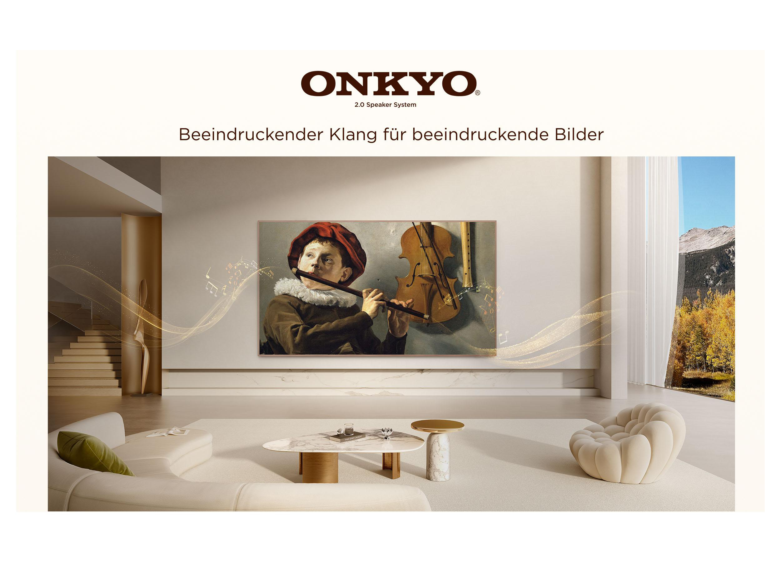 Ein Onkyo-Werbeplakat zeigt eine klassische Gemälde-TV-Anzeige in einem modernen Wohnzimmer mit goldenen Musiknoten.