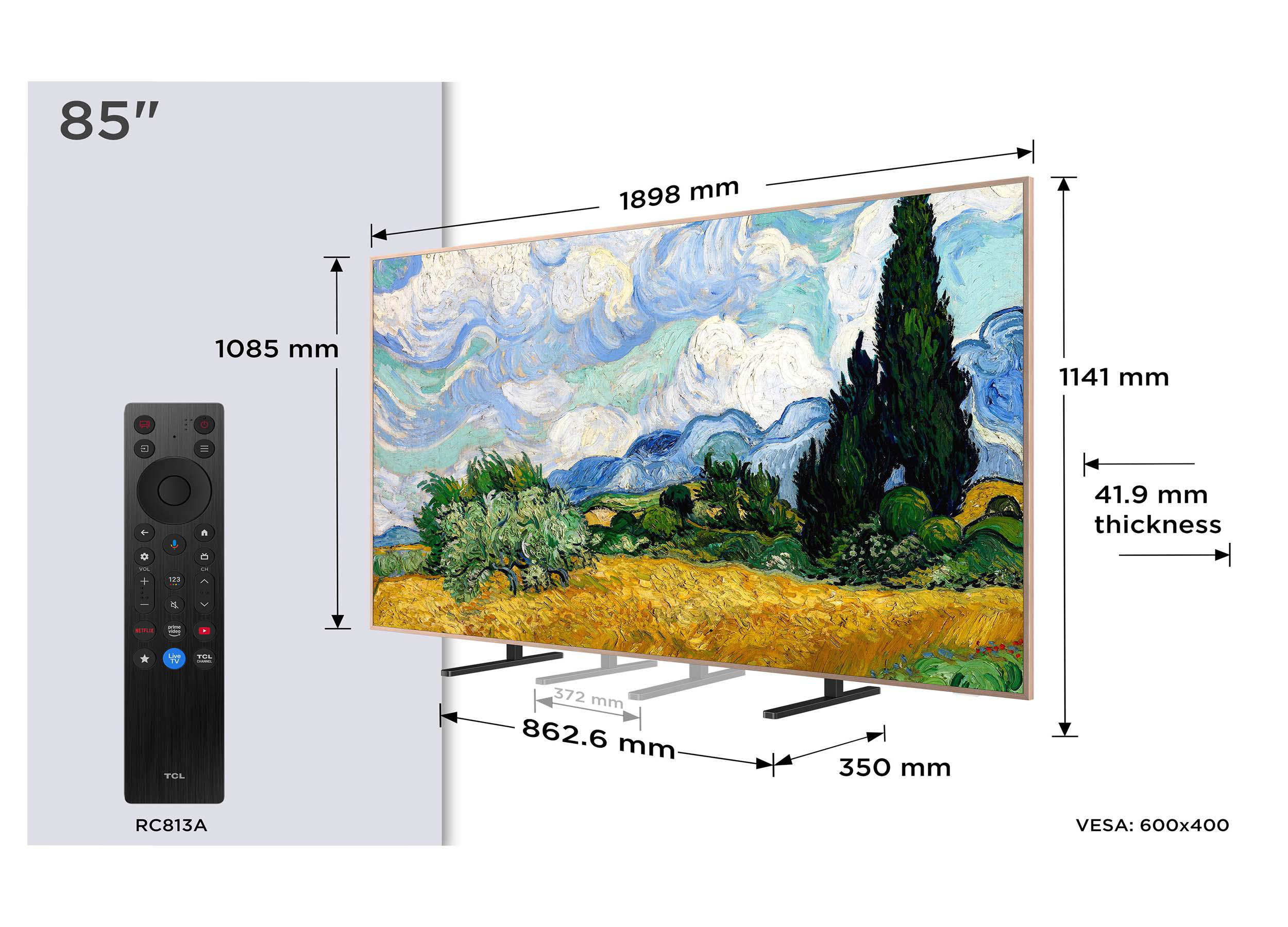 85-Zoll-Fernseher mit Gemälde-Bildschirm und technischen Maßen sowie Fernbedienung.