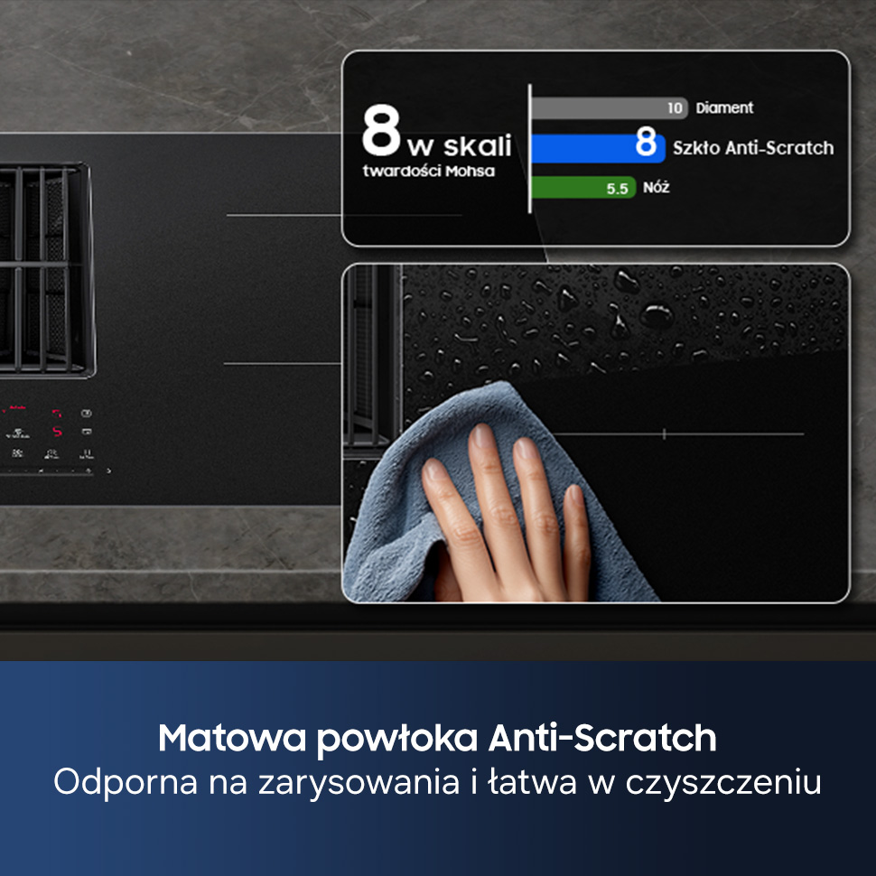Matowa powłoka Anti-Scratch, odporna na zarysowania i łatwa w czyszczeniu na płycie grzewczej.