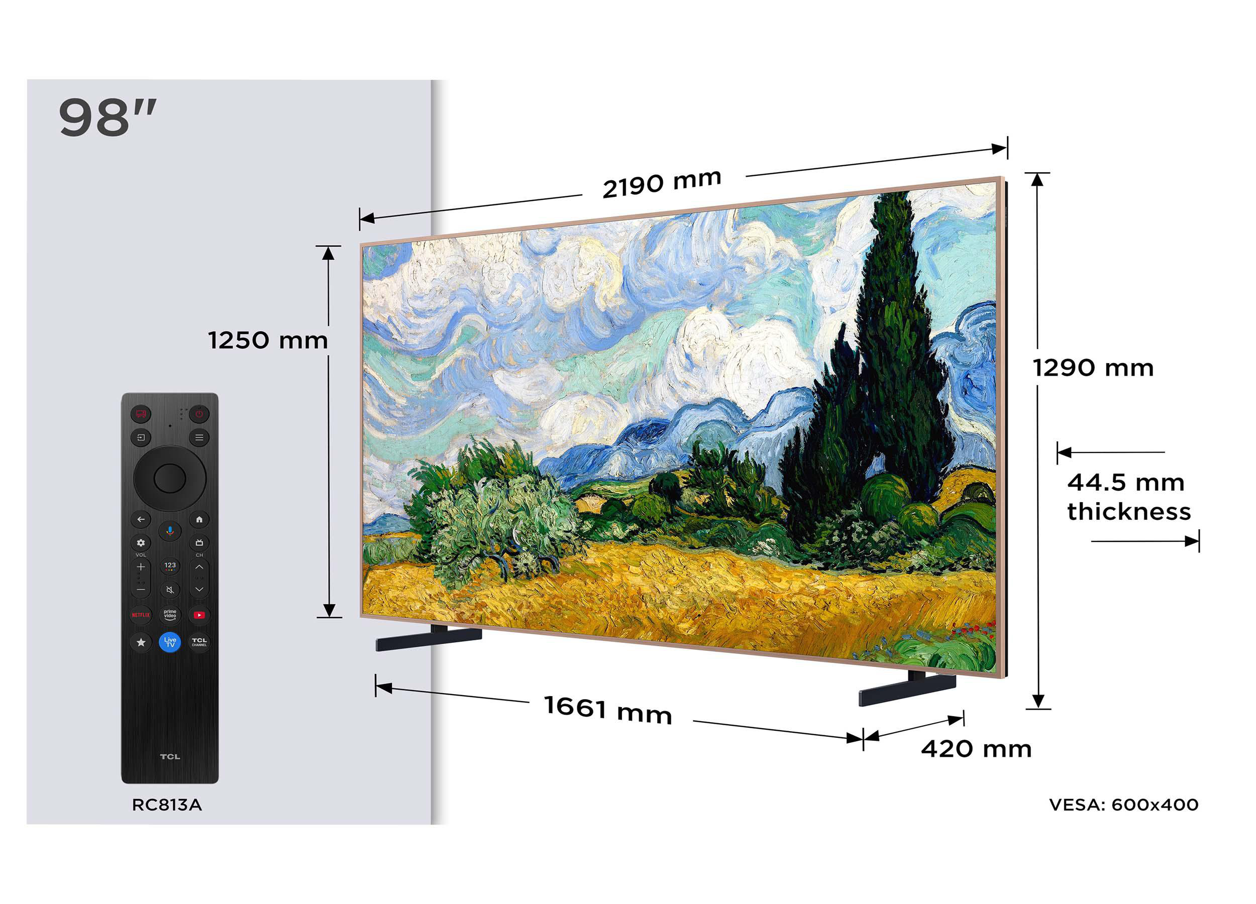 Diagramm eines 98-Zoll-Fernsehers mit Maßen, Fernbedienung und gemaltem Landschaftsbild auf dem Bildschirm.