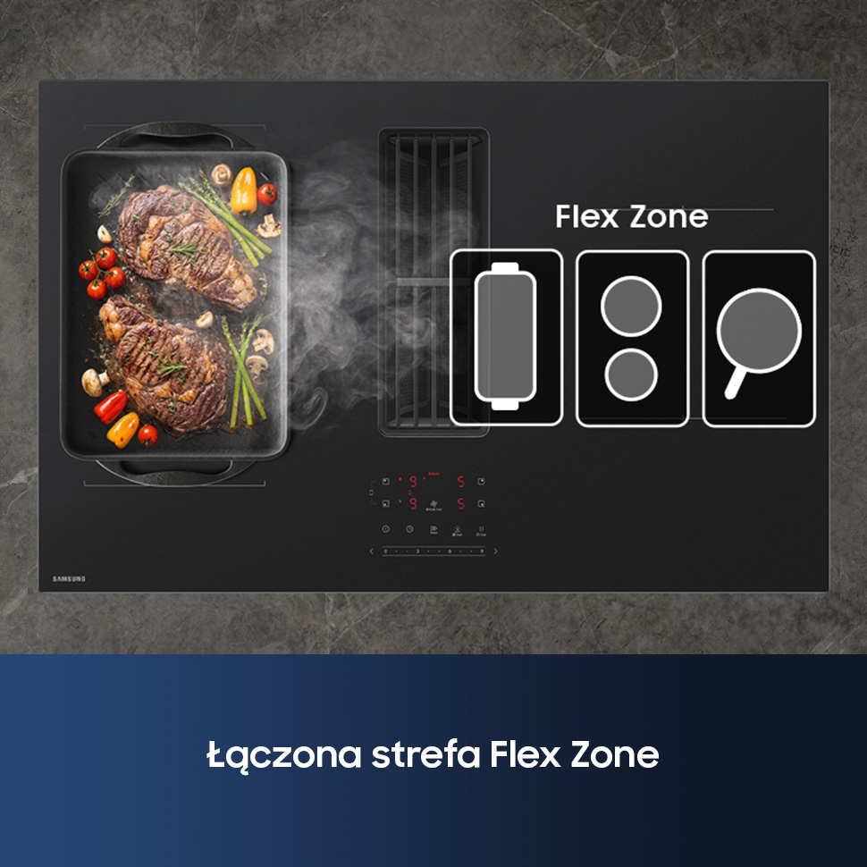 Czarna płyta grzewcza z patelnią grillową, parą i schematem Flex Zone.
