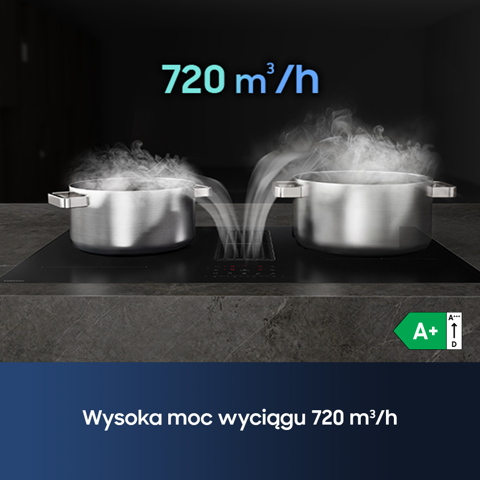 Dwa garnki na płycie indukcyjnej z wyciągiem, zasysana para i klasa energetyczna A+.